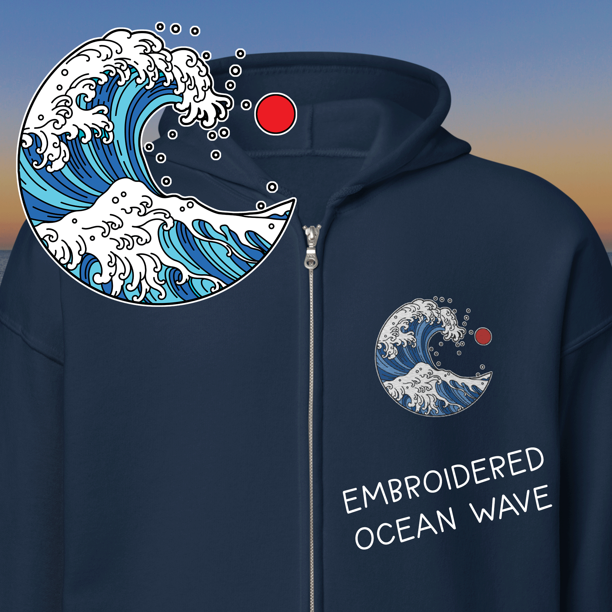 Japanese-Style Ocean Wave Zip Up Hoodie