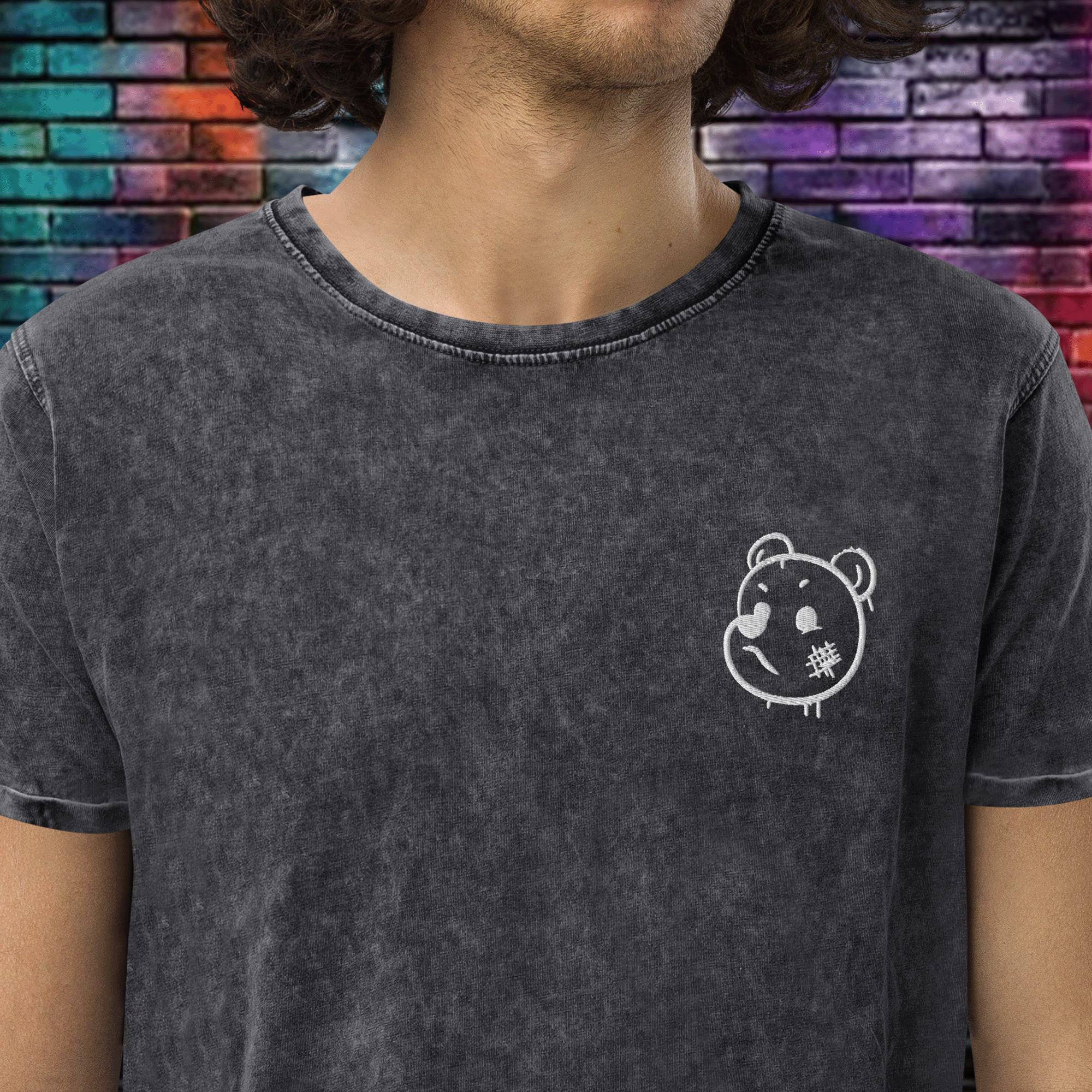 Embroidered Graffiti Bear Washed Denim Streetwear T-Shirt