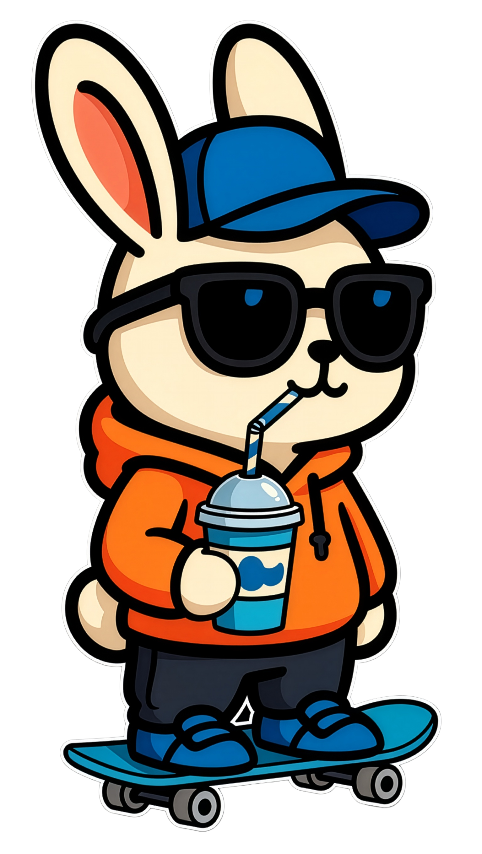 Orange Rabbit Designs logo bunny wearing sunglasses, a blue cap, and an orange hoodie, holding a drink with a straw, standing on a skateboard.