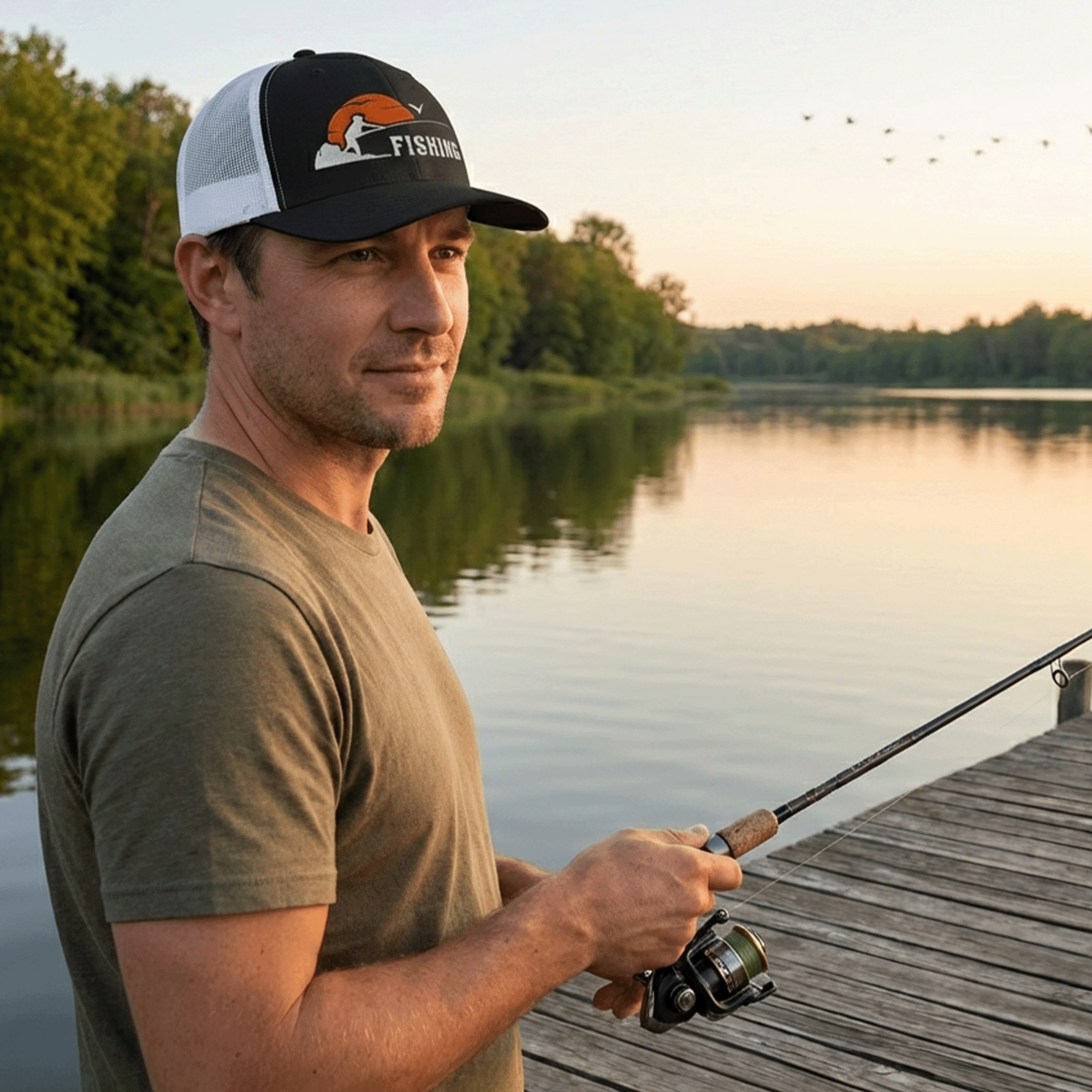 Embroidered Sunset Fishing Retro Trucker Hat