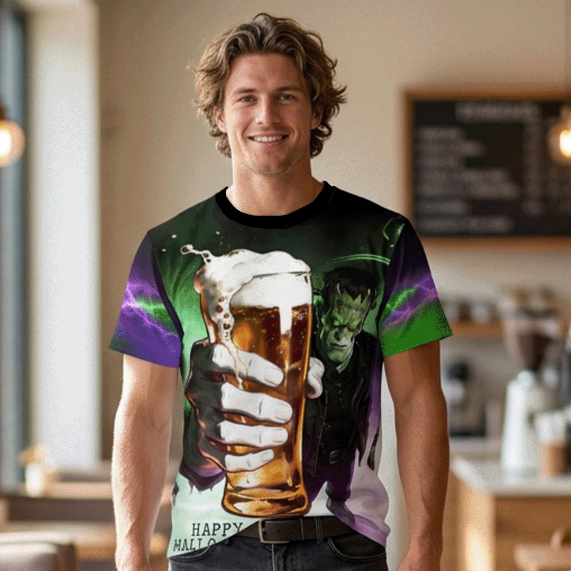 Frankenstein Halloween Cheers All-Over Print Tee