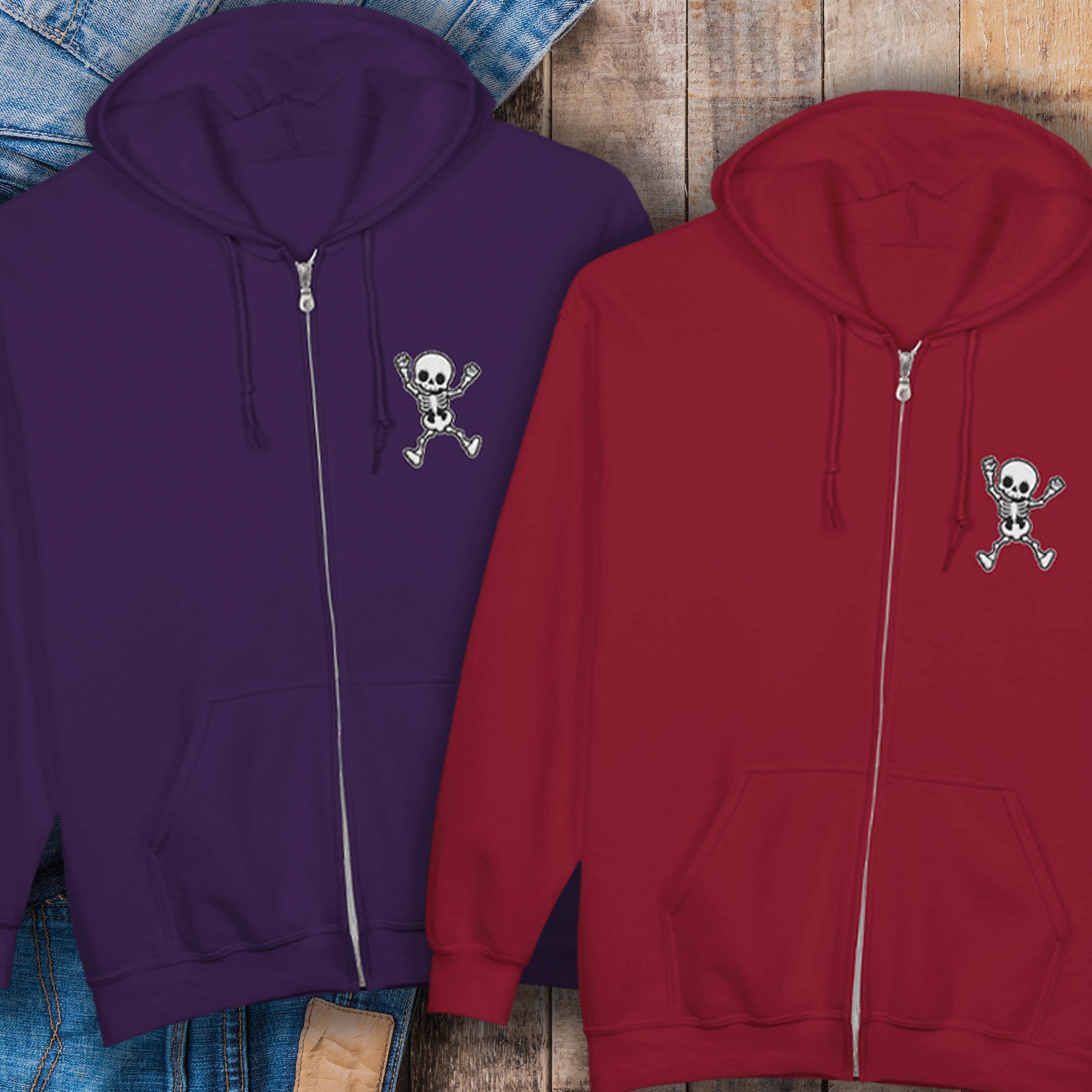 Embroidered Halloween Funny Skeleton Zip Up Hoodie