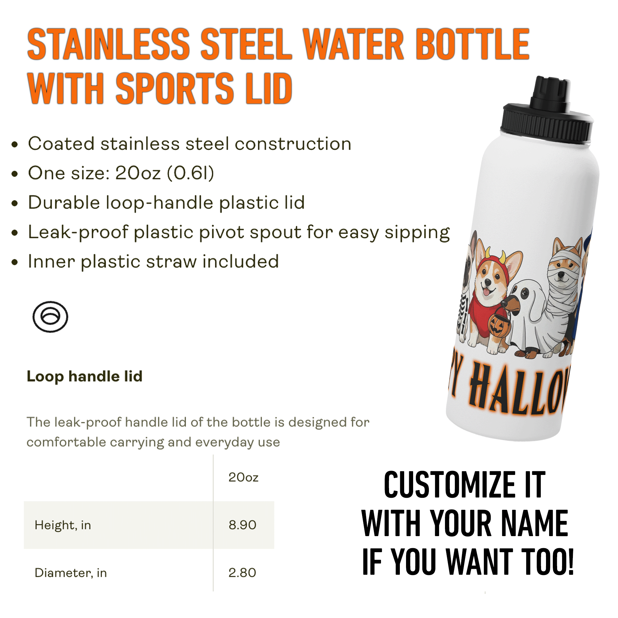 Personalized Halloween Dogs Stainless Steel Sports Bottle