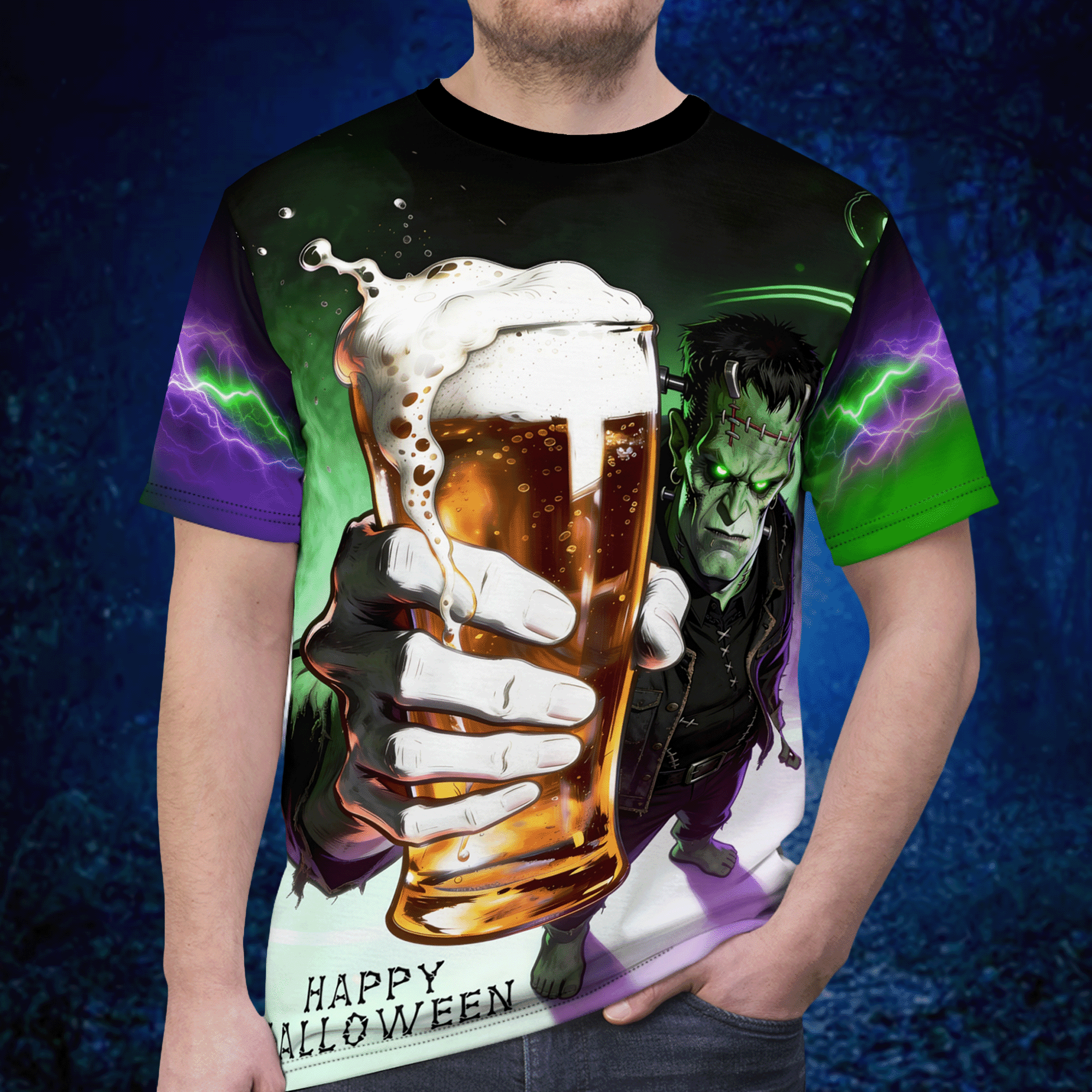 Frankenstein Halloween Cheers All-Over Print Tee