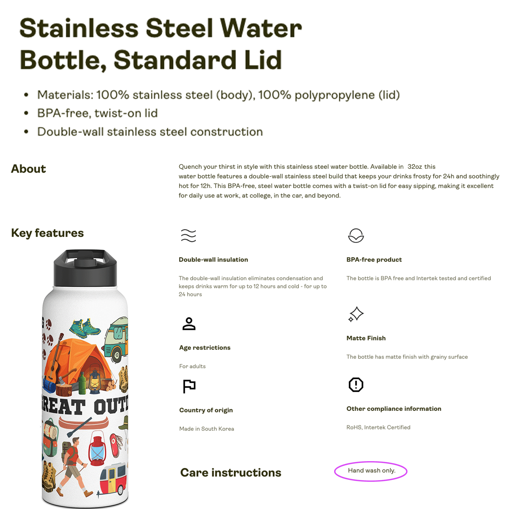 Outdoor Adventure Stainless Steel 32oz Water Bottle