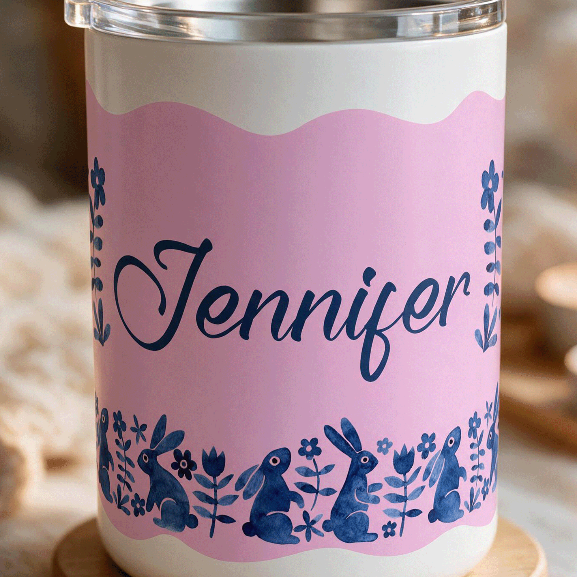 Personalized Blue Bunny Folk Art Insulated Coffee Mug