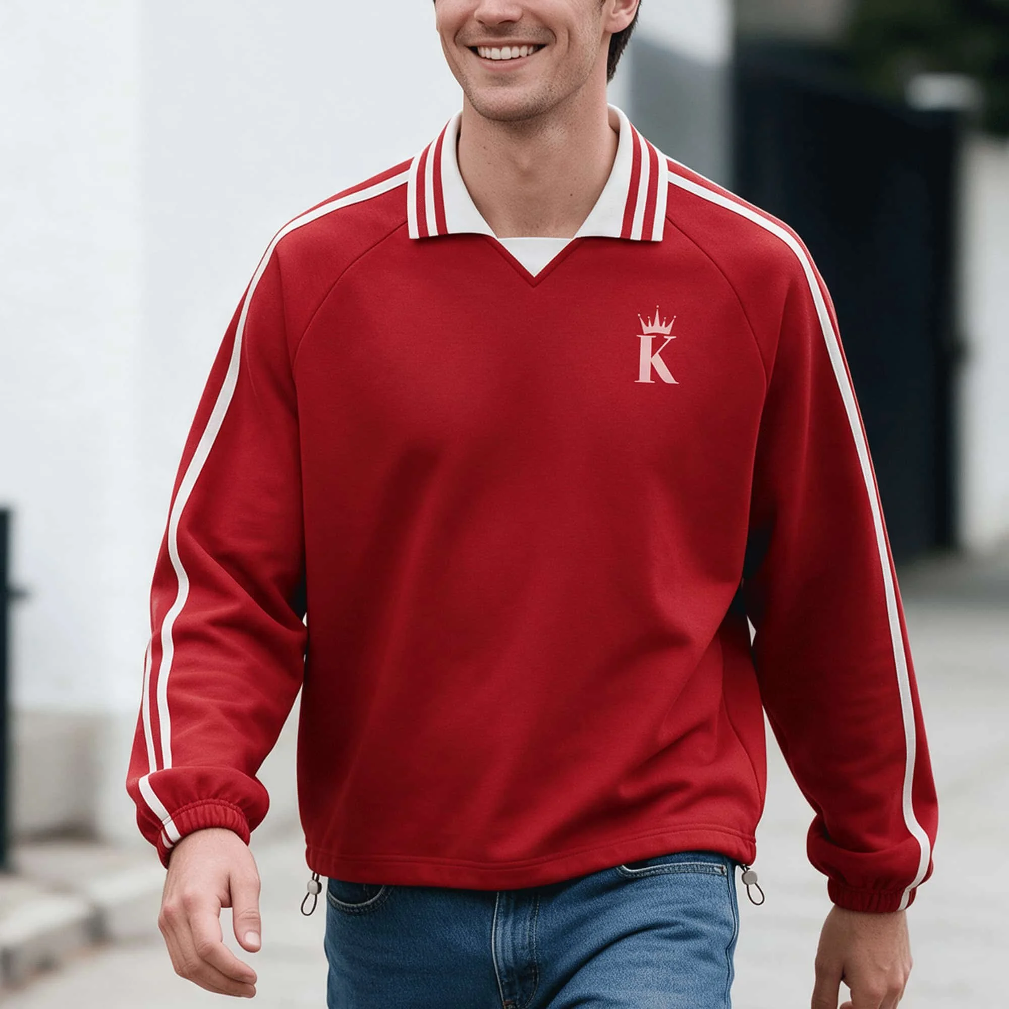 KING Contrast Striped Lapel Collar Sweatshirt