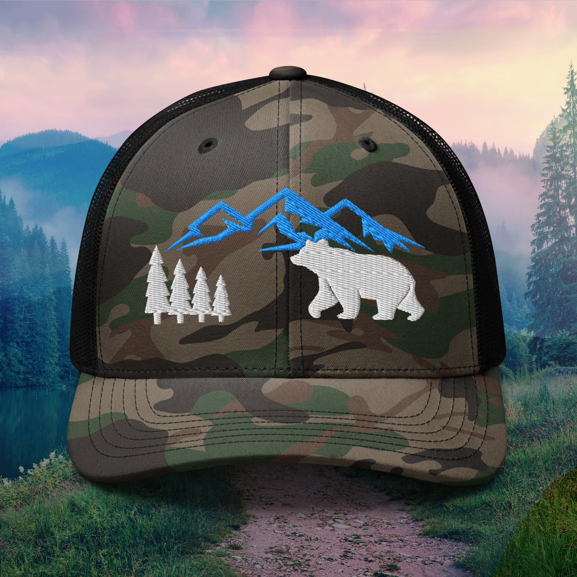 Embroidered Mountain Bear Camouflage Trucker Hat