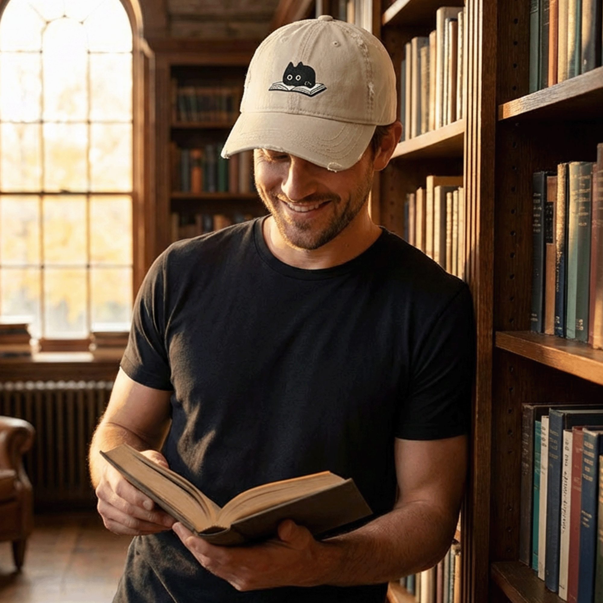 Embroidered Cat Reading Book Distressed Cap