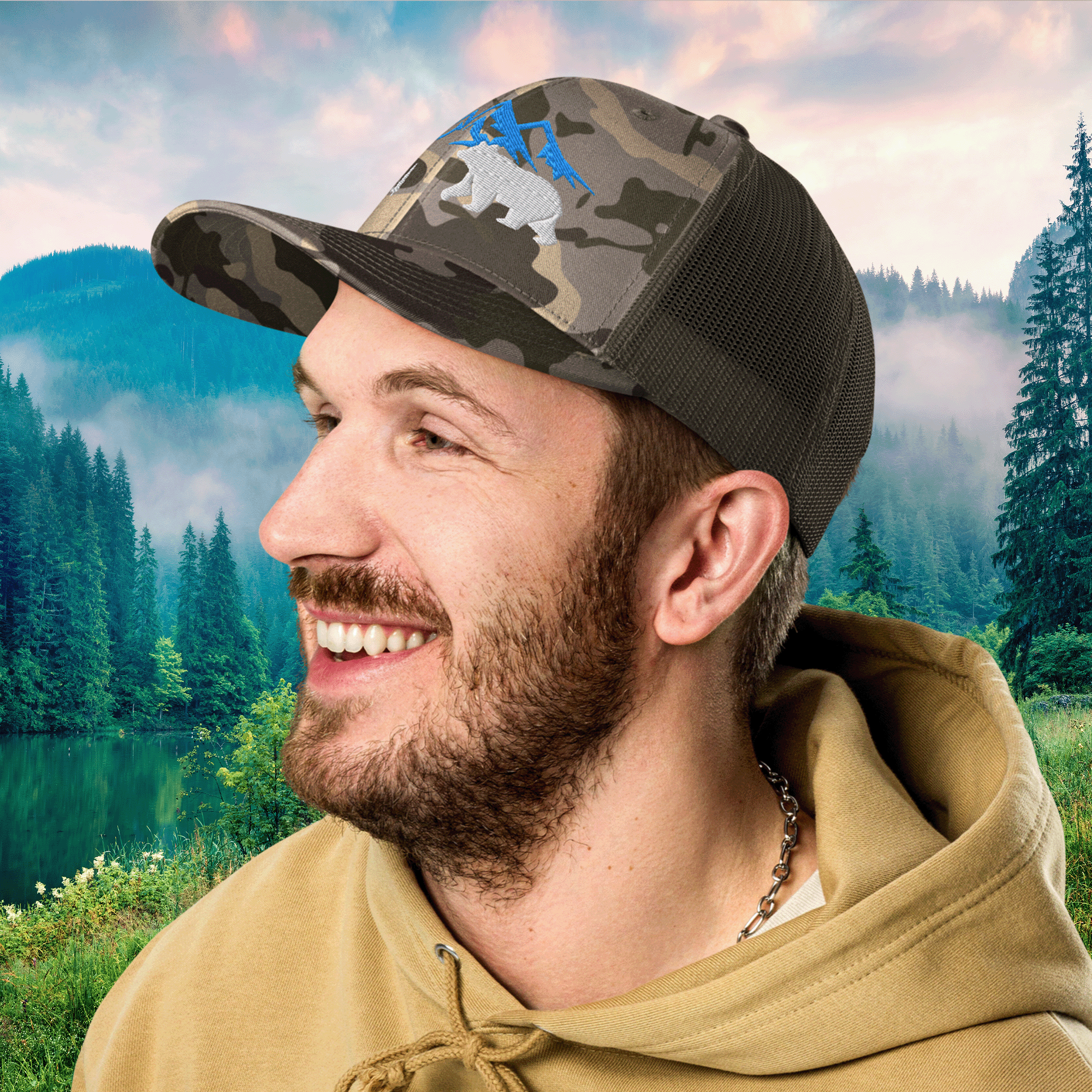 Embroidered Mountain Bear Camouflage Trucker Hat