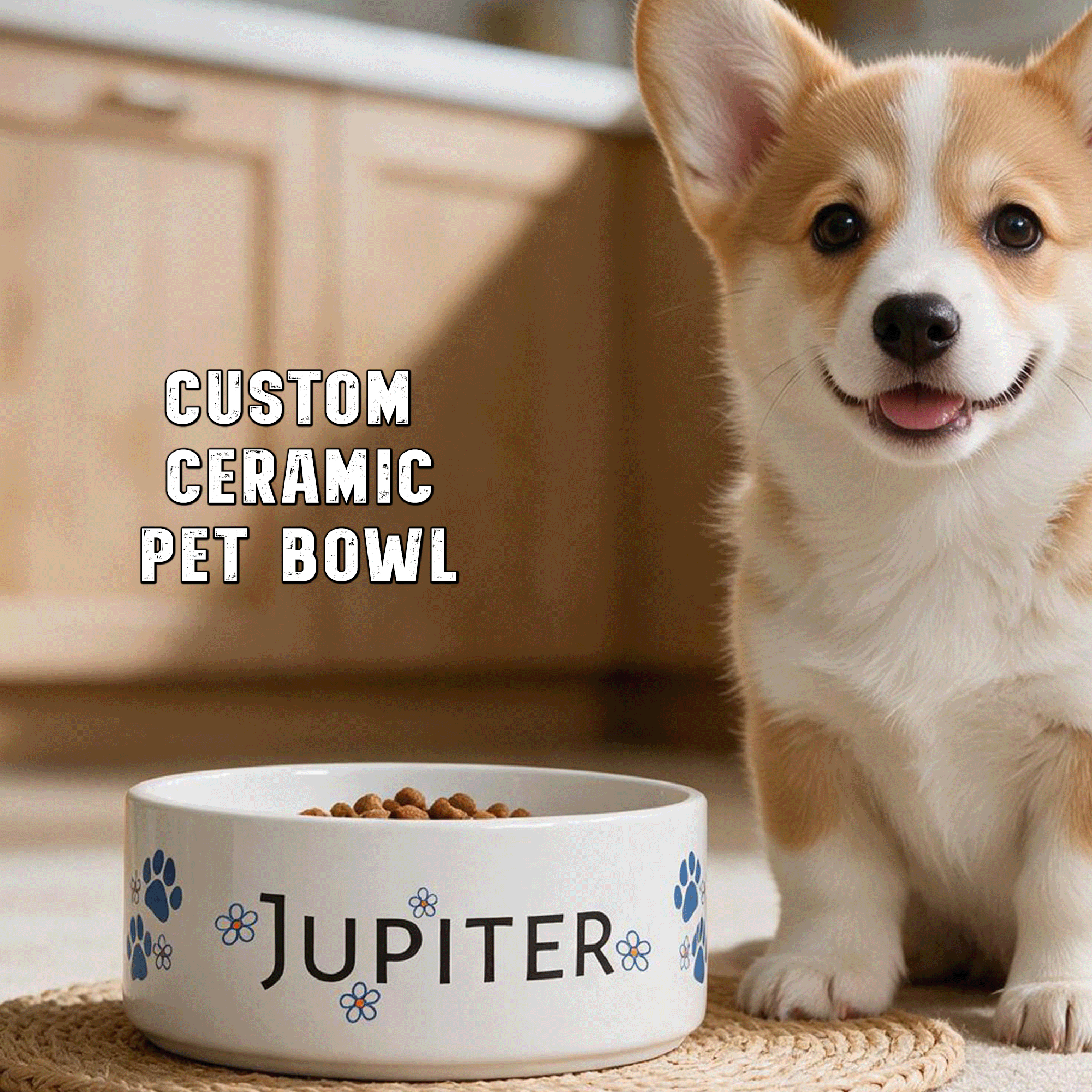 Personalized Ceramic Pet Bowl Blue Paw Prints