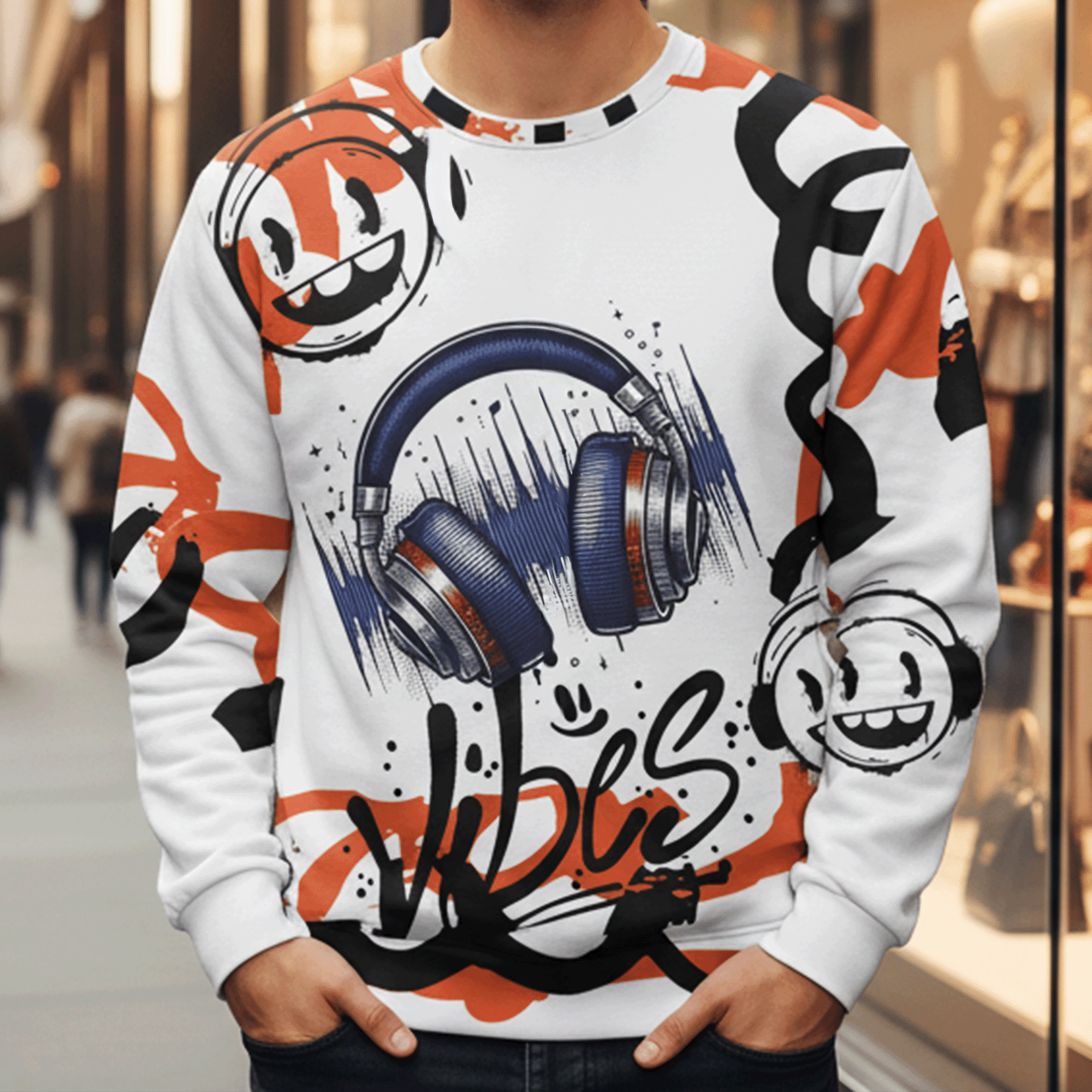Good Vibes Headphones Graffiti Style Unisex Cotton Sweatshirt