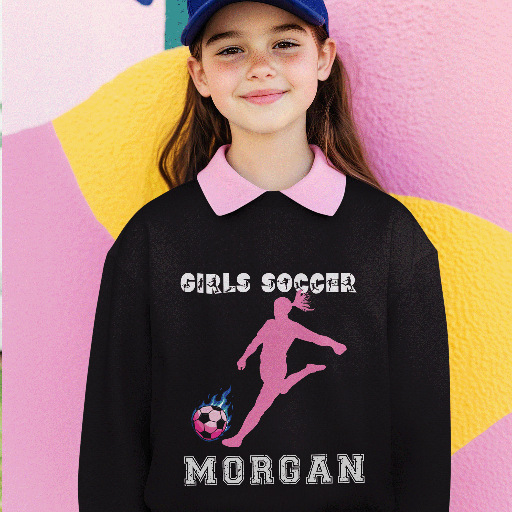 Girls Personalized Soccer Pink Silhouette Youth Crewneck Sweatshirt