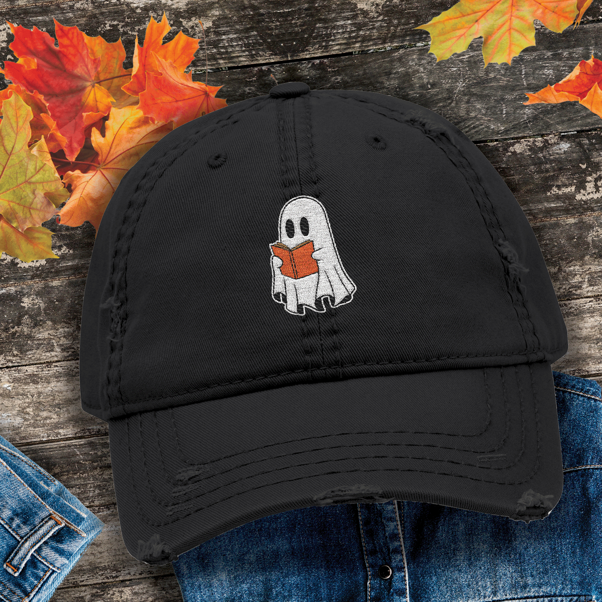 Embroidered Halloween Ghost Reading Book Distressed Dad Hat