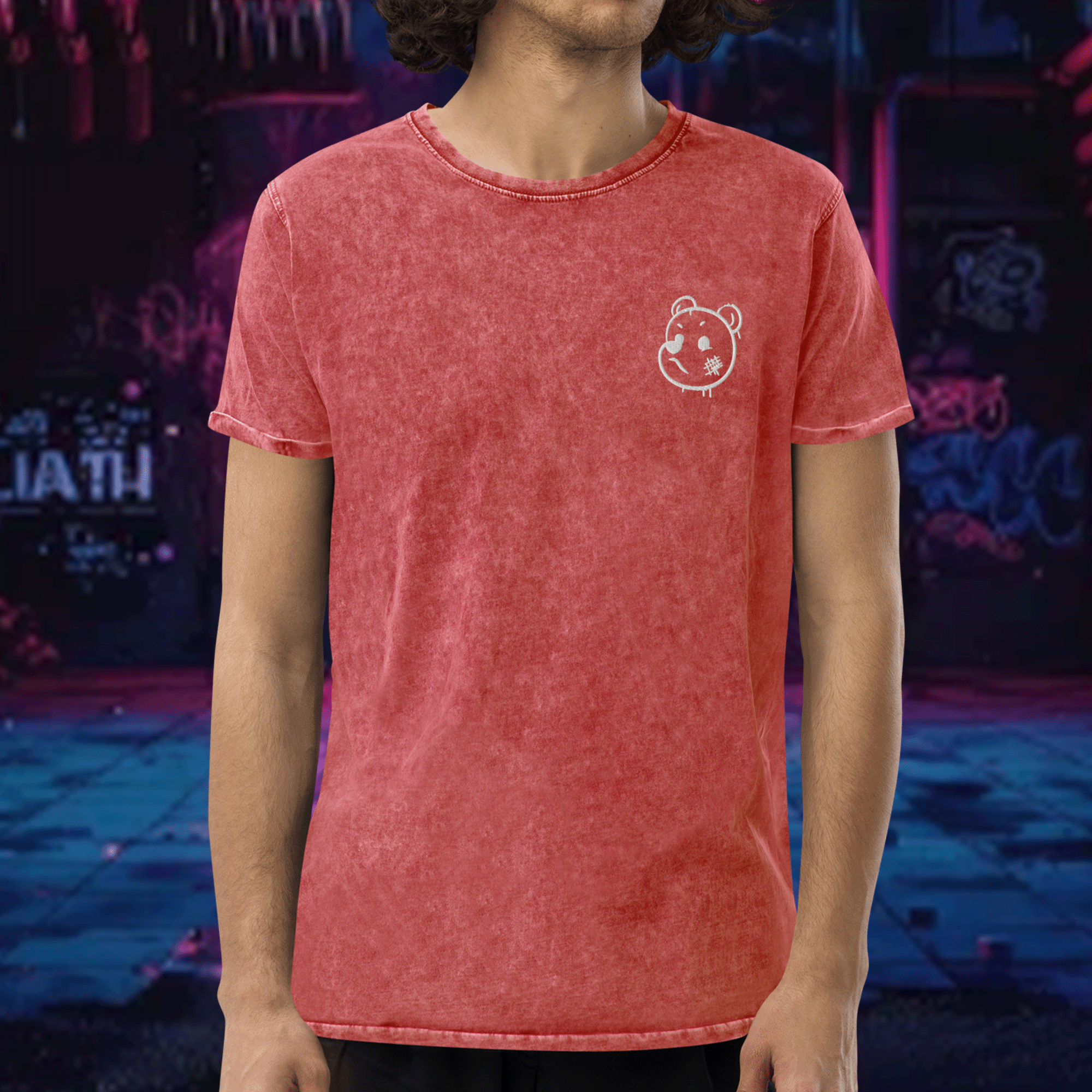 Embroidered Graffiti Bear Washed Denim Streetwear T-Shirt