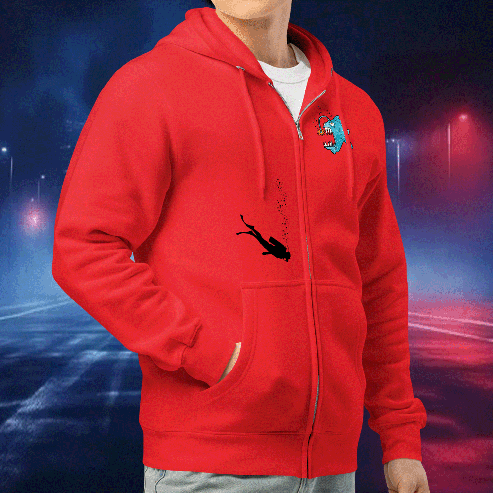 Funky Fish and Scuba Diver Unisex Full Zip Hoodie Jacket