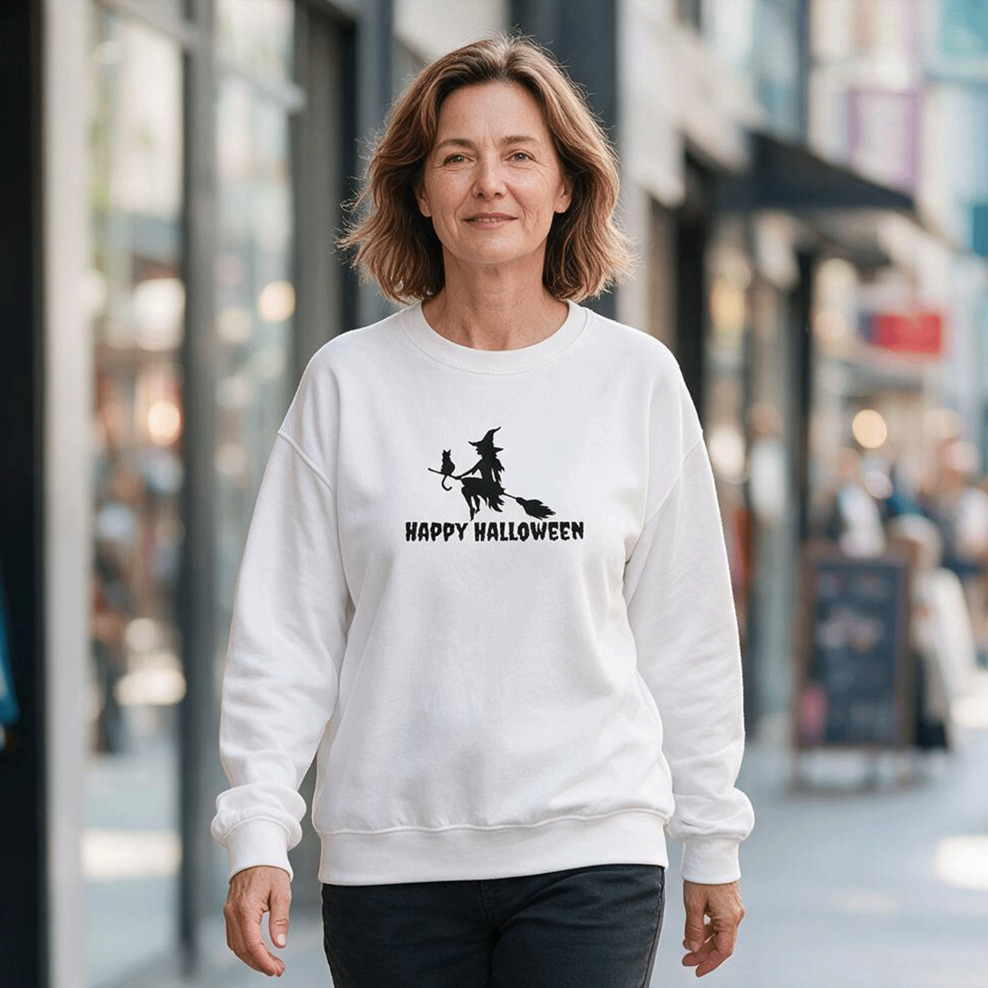 Embroidered Halloween Witch and Cat Silhouette Crewneck
