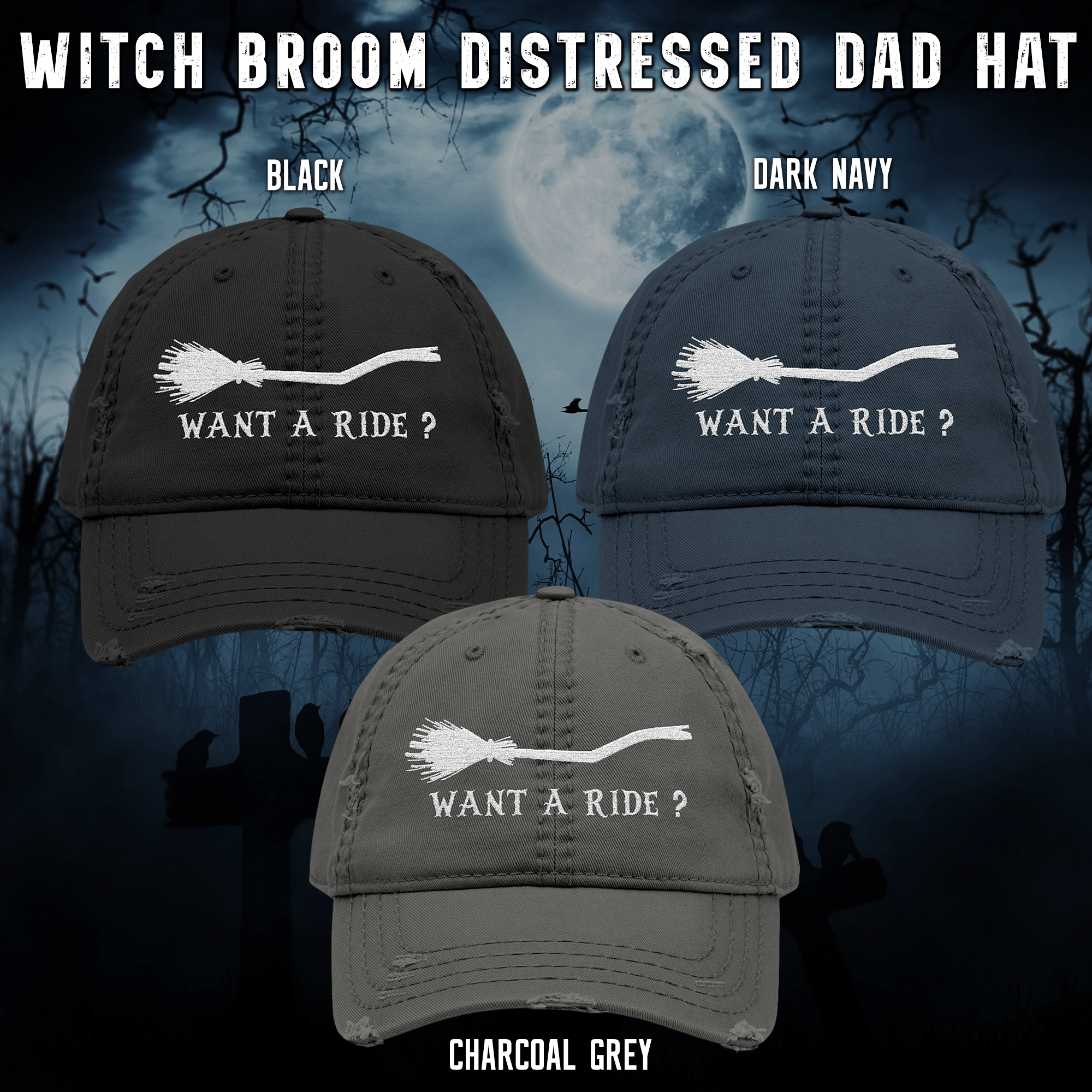 Embroidered Halloween Witch Broom Distressed Dad Hat