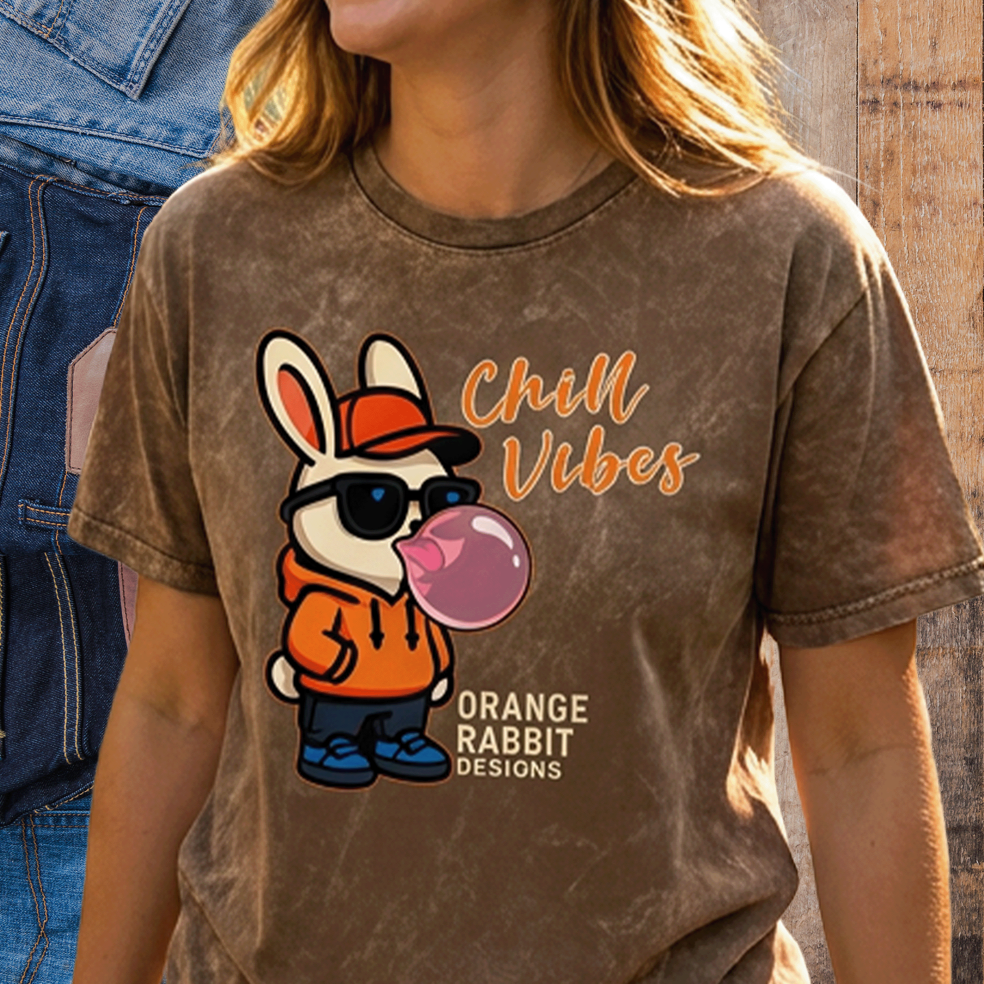 Close-up of a person wearing a brown T-shirt with a graphic of a bunny wearing sunglasses and a cap, along with the words 'chill vibes.'