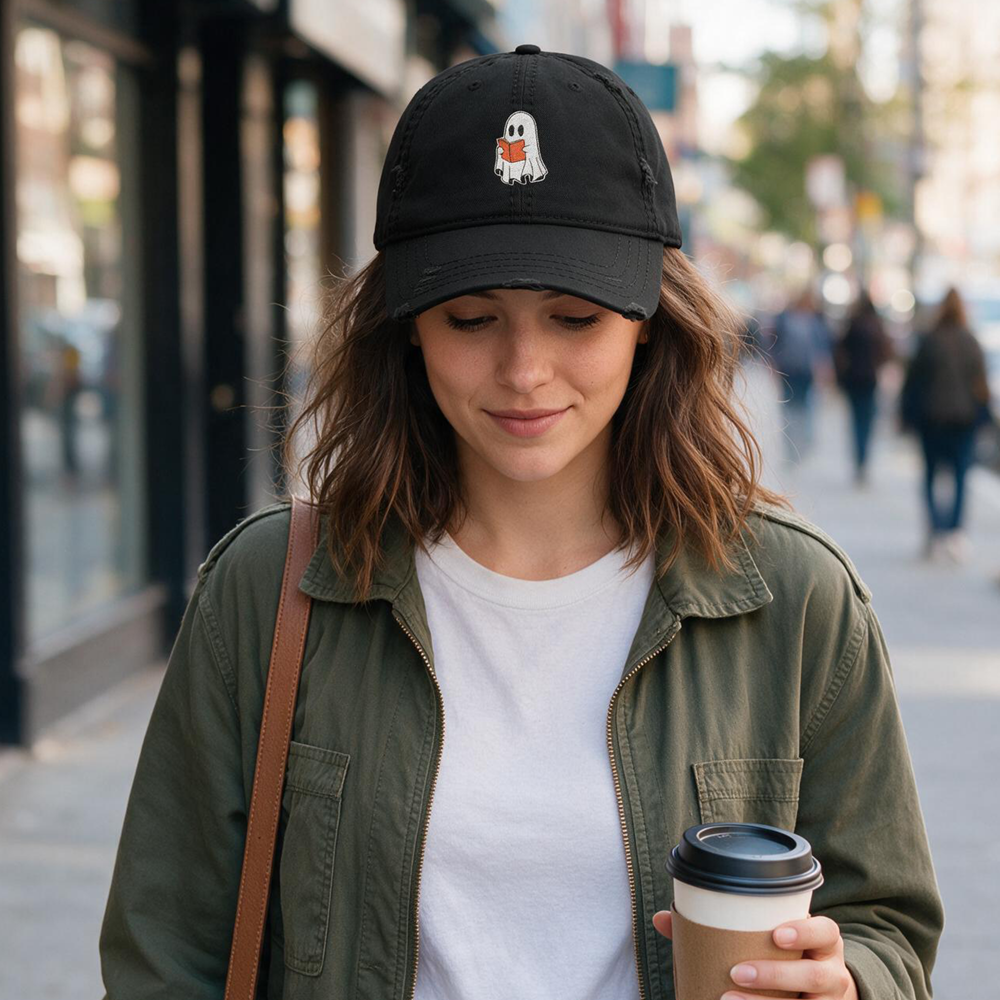 Embroidered Halloween Ghost Reading Book Distressed Dad Hat