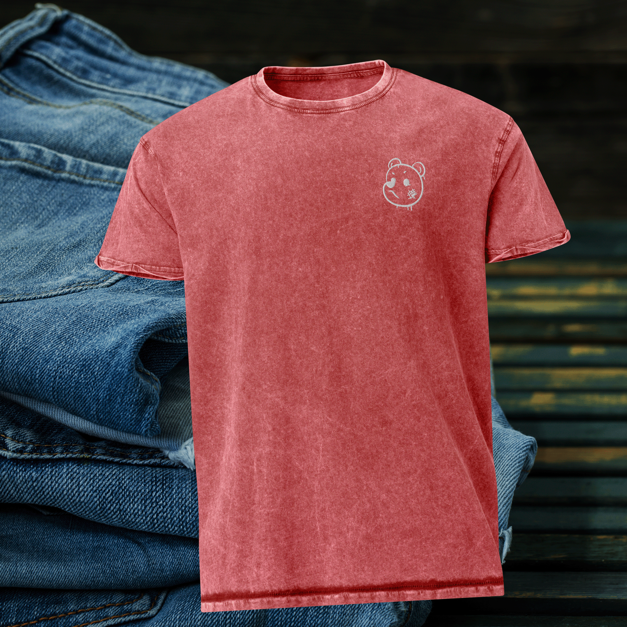 Embroidered Graffiti Bear Washed Denim Streetwear T-Shirt