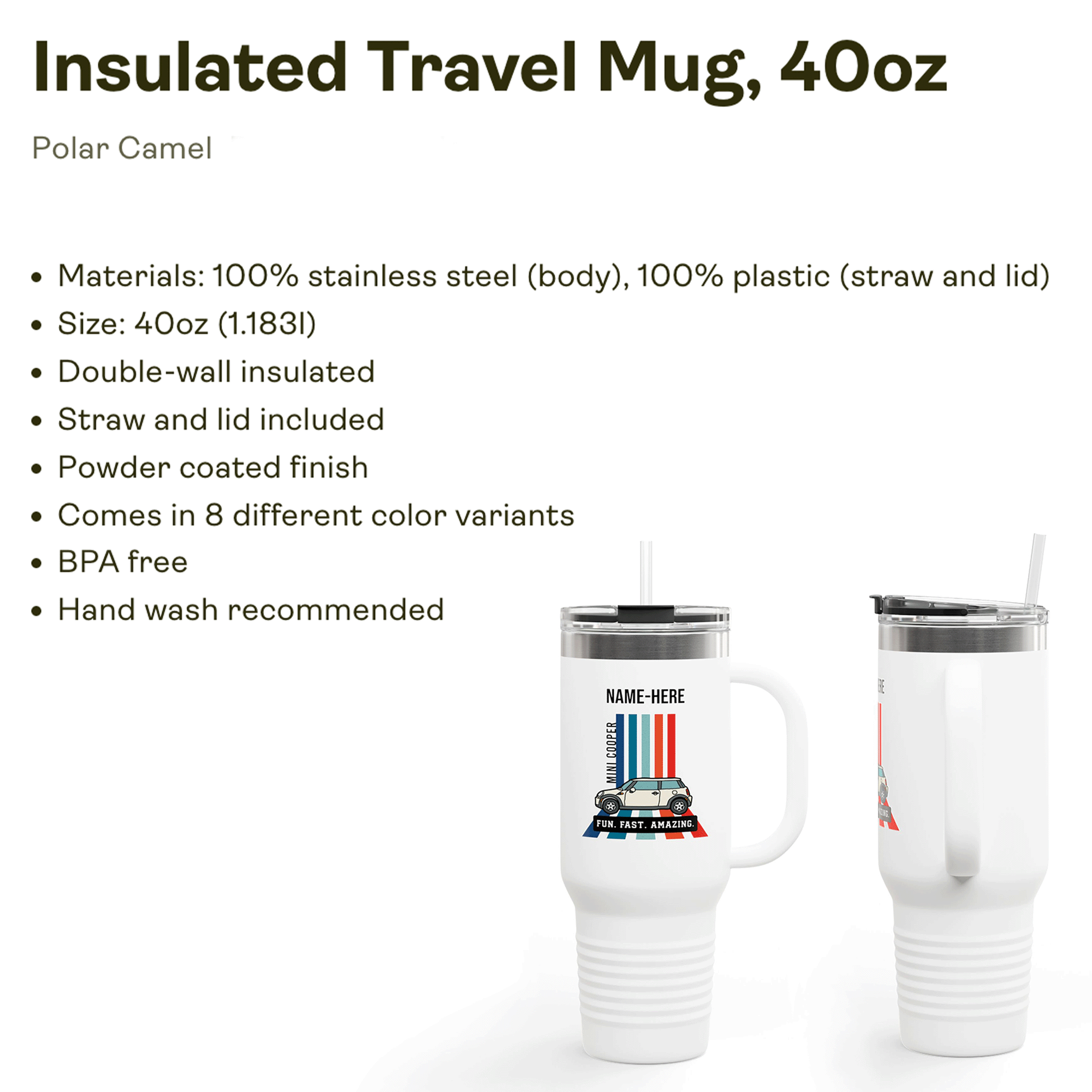 Personalized Mini Fun Fast Insulated 40oz Travel Mug with Straw