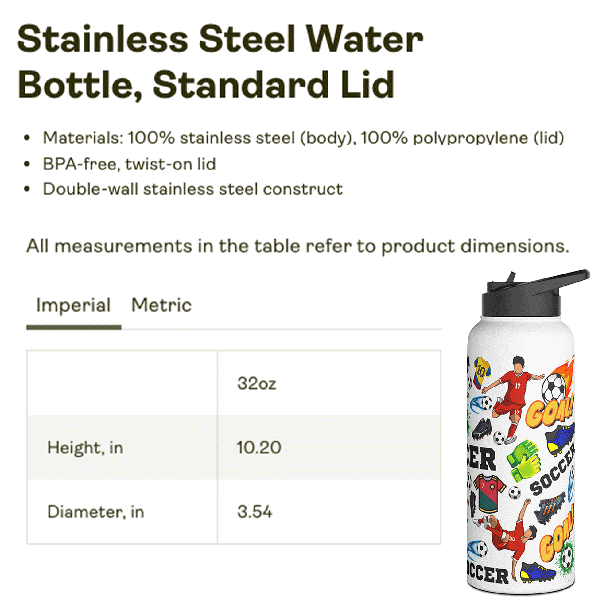 Soccer Stainless Steel 32 oz Water Bottle