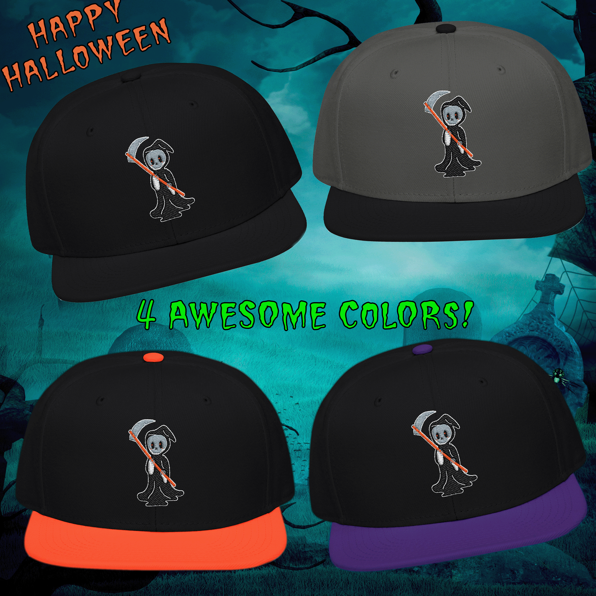 Embroidered Halloween Grim Reaper Snapback Hat