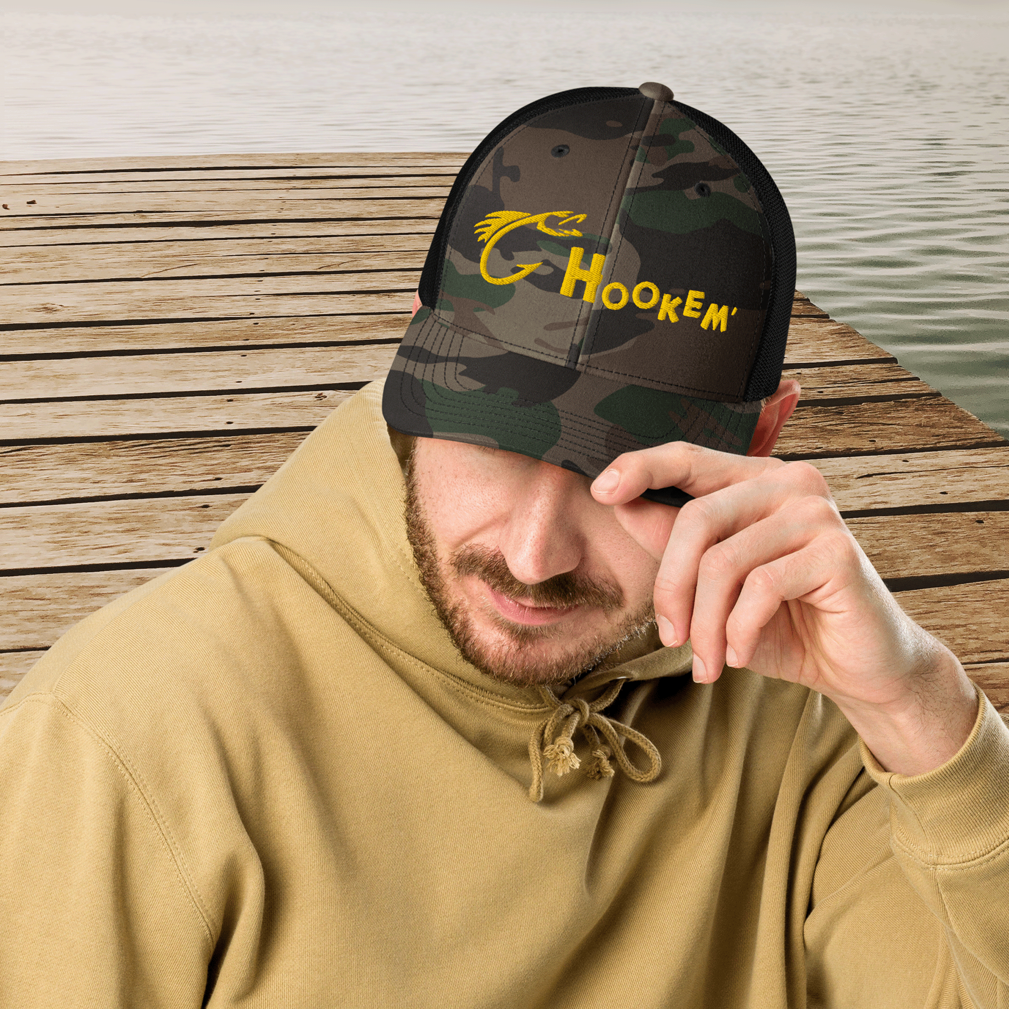 Embroidered Hookem Fishing Camouflage Trucker Hat
