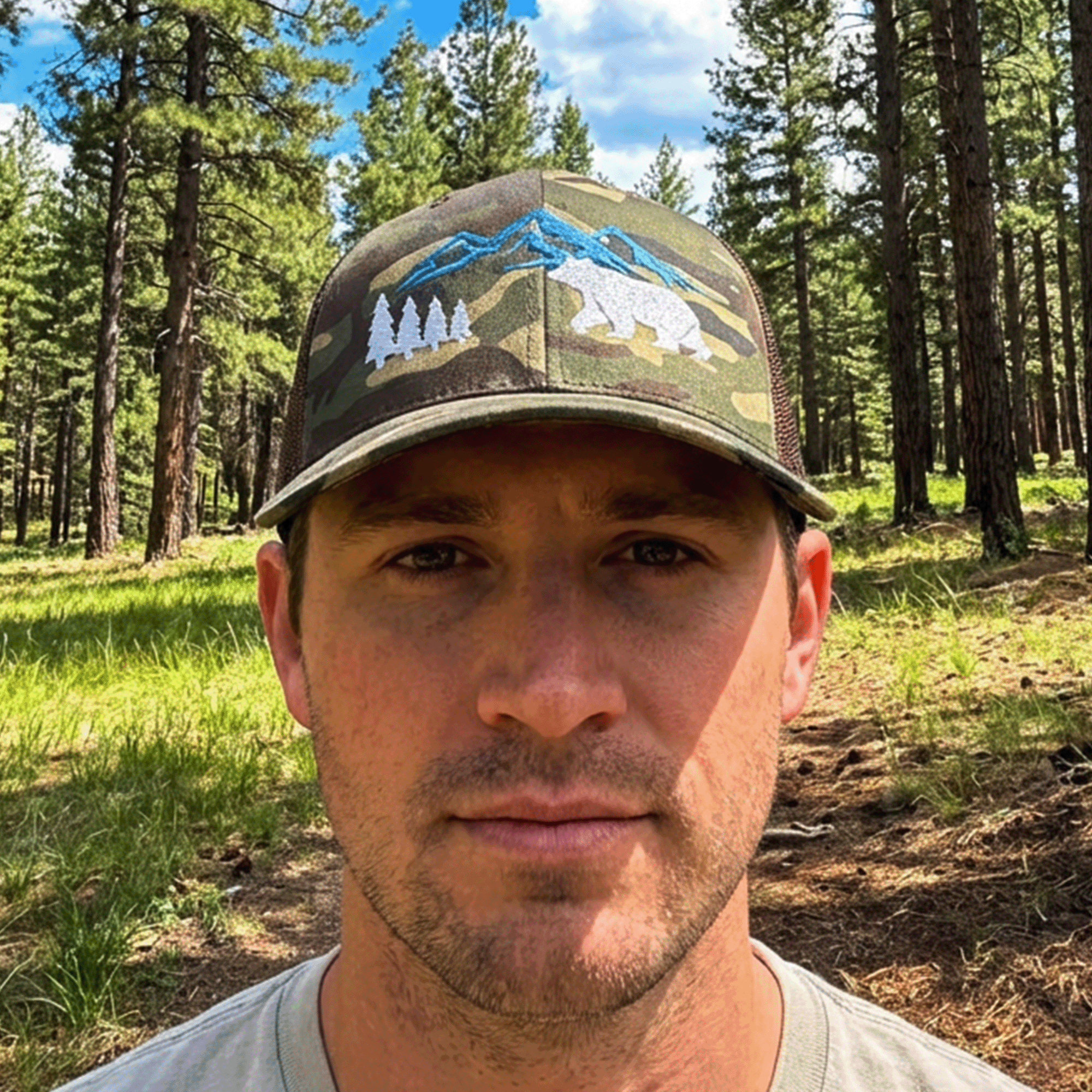 Embroidered Mountain Bear Camouflage Trucker Hat
