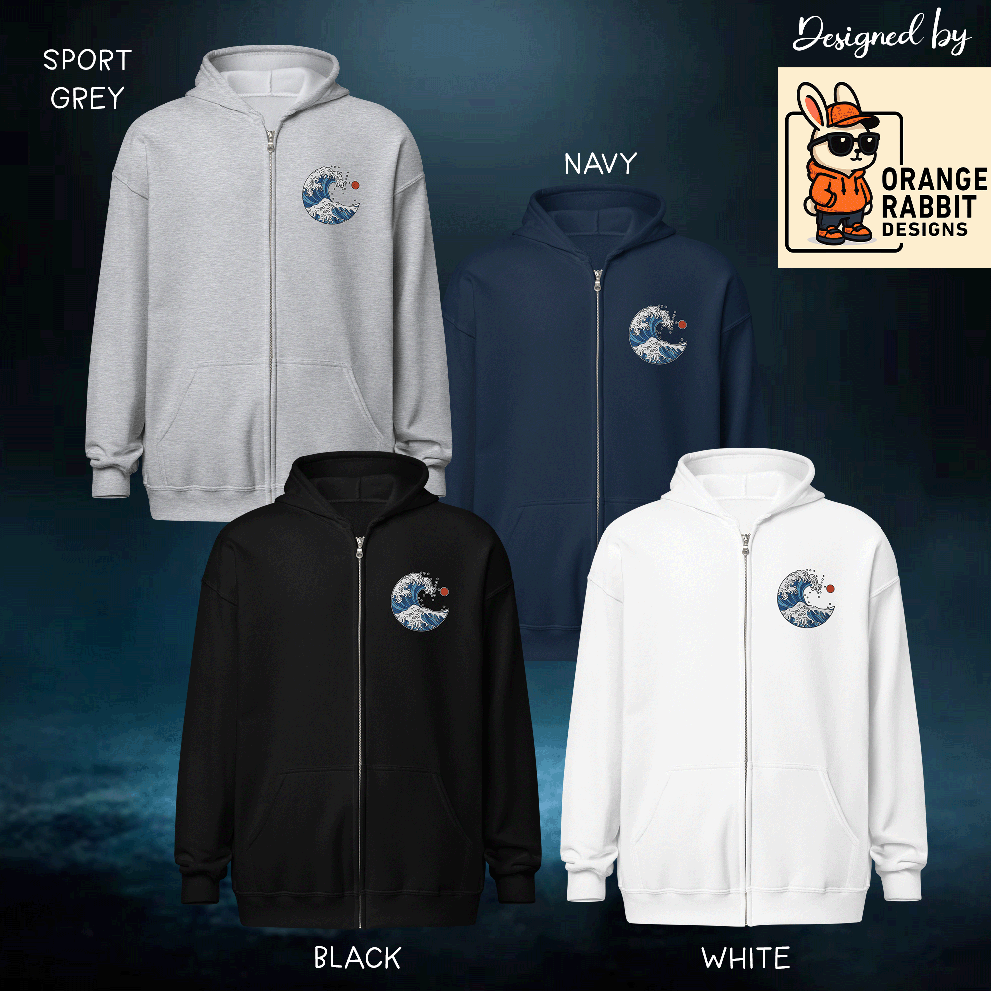Japanese-Style Ocean Wave Zip Up Hoodie