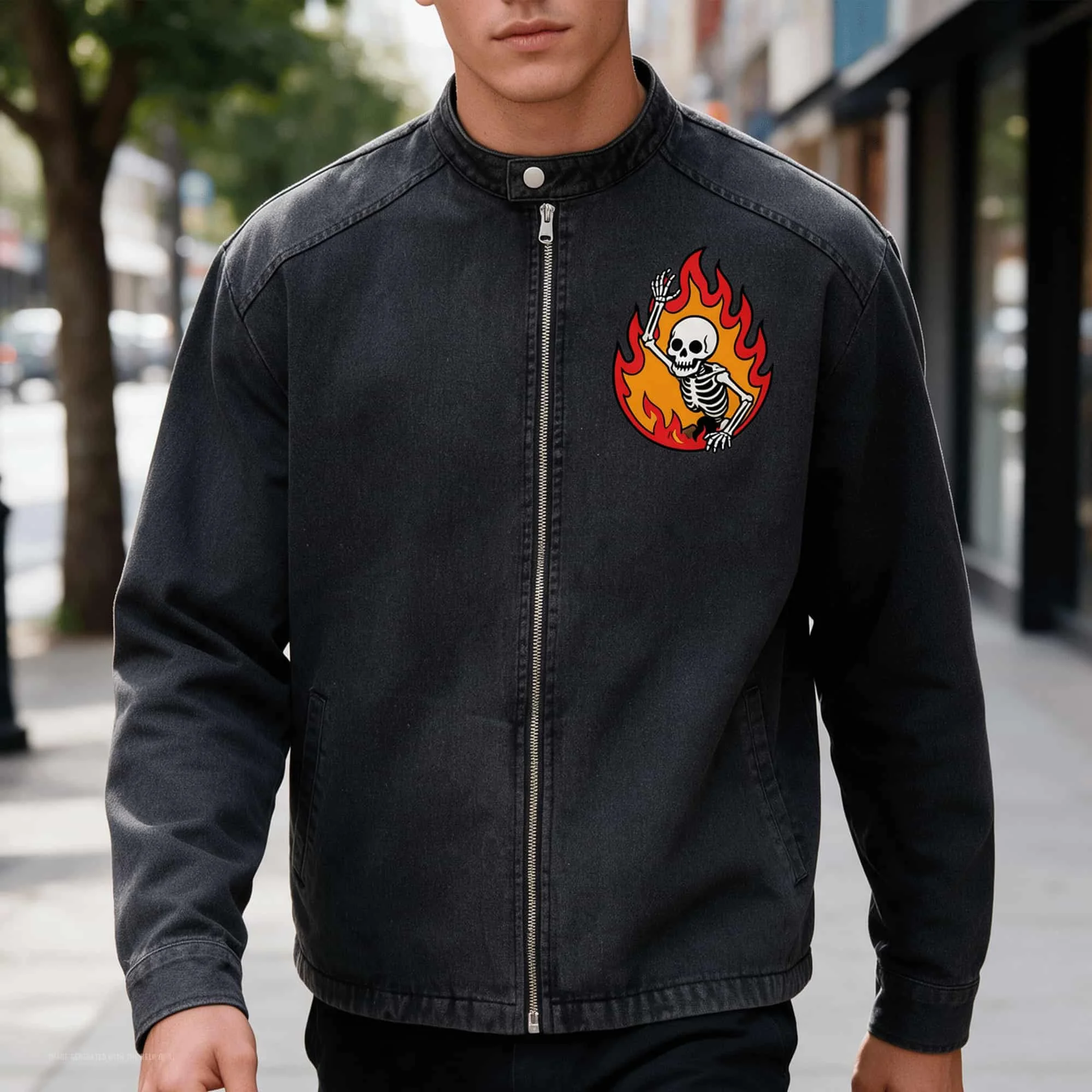 Skeleton Flame Boy Vintage Washed Denim Jacket