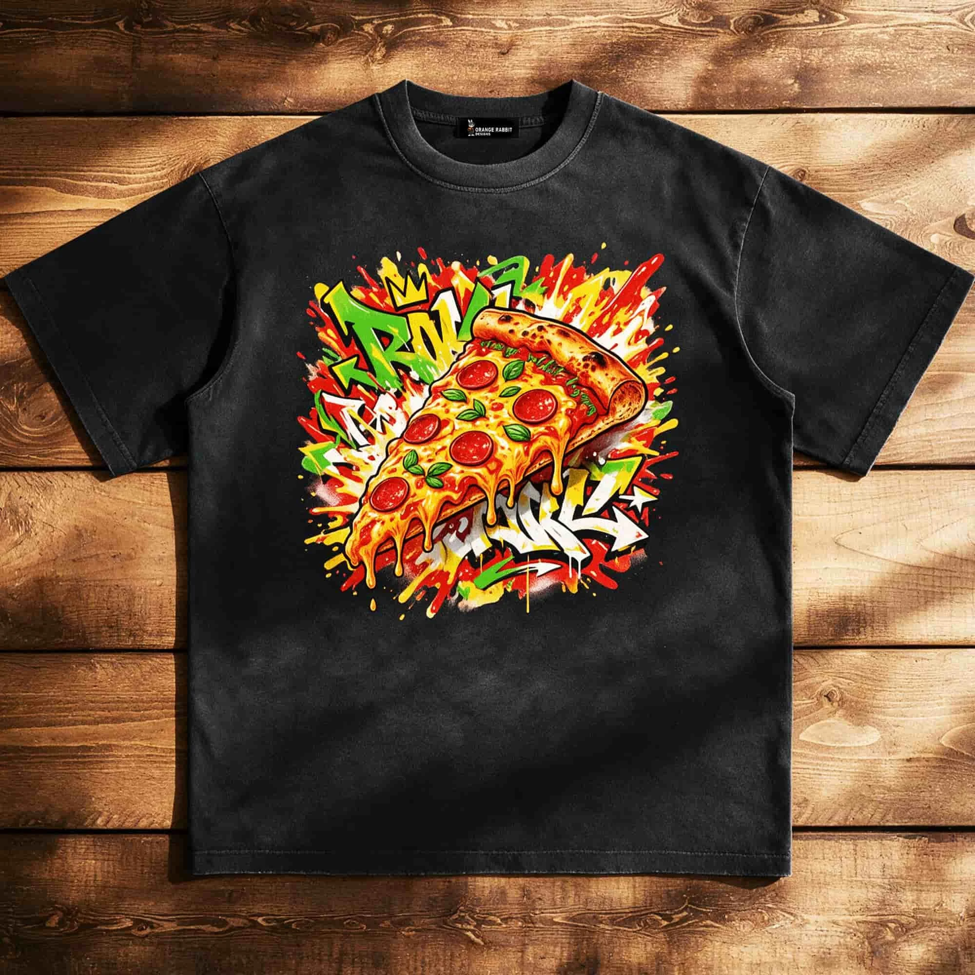 Pizza Graffiti Sun Faded Hand-Frayed Cotton T-Shirt