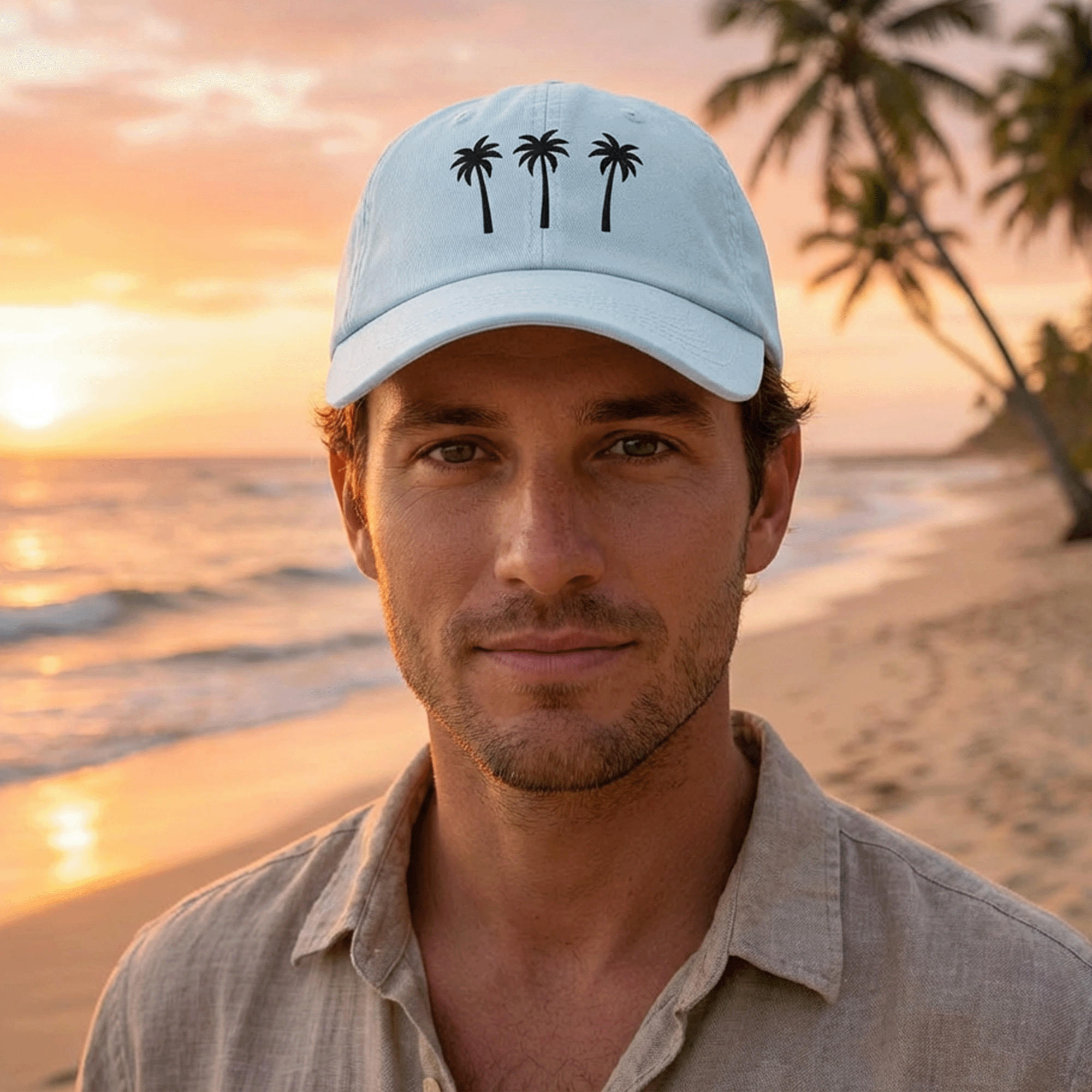 Embroidered Palm Trees Pastel Summer Cap