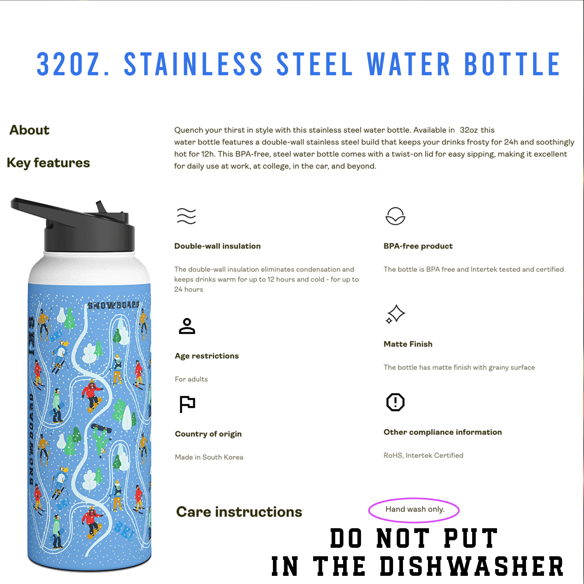 Ski Snowboard Trip Stainless Steel 32oz Water Bottle