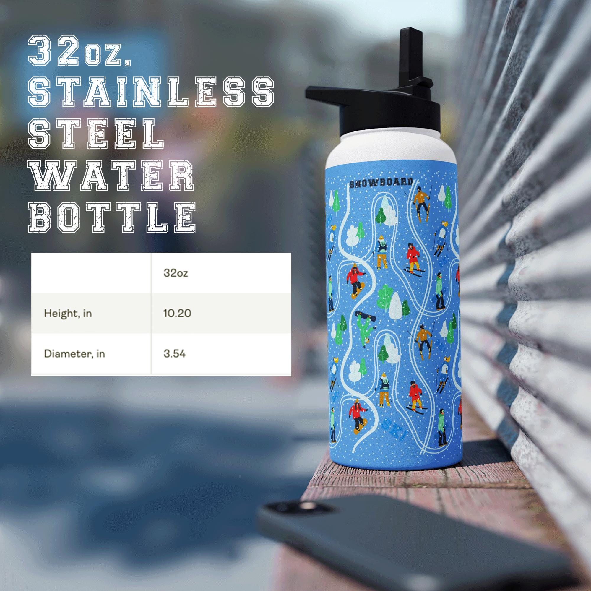 Ski Snowboard Trip Stainless Steel 32oz Water Bottle