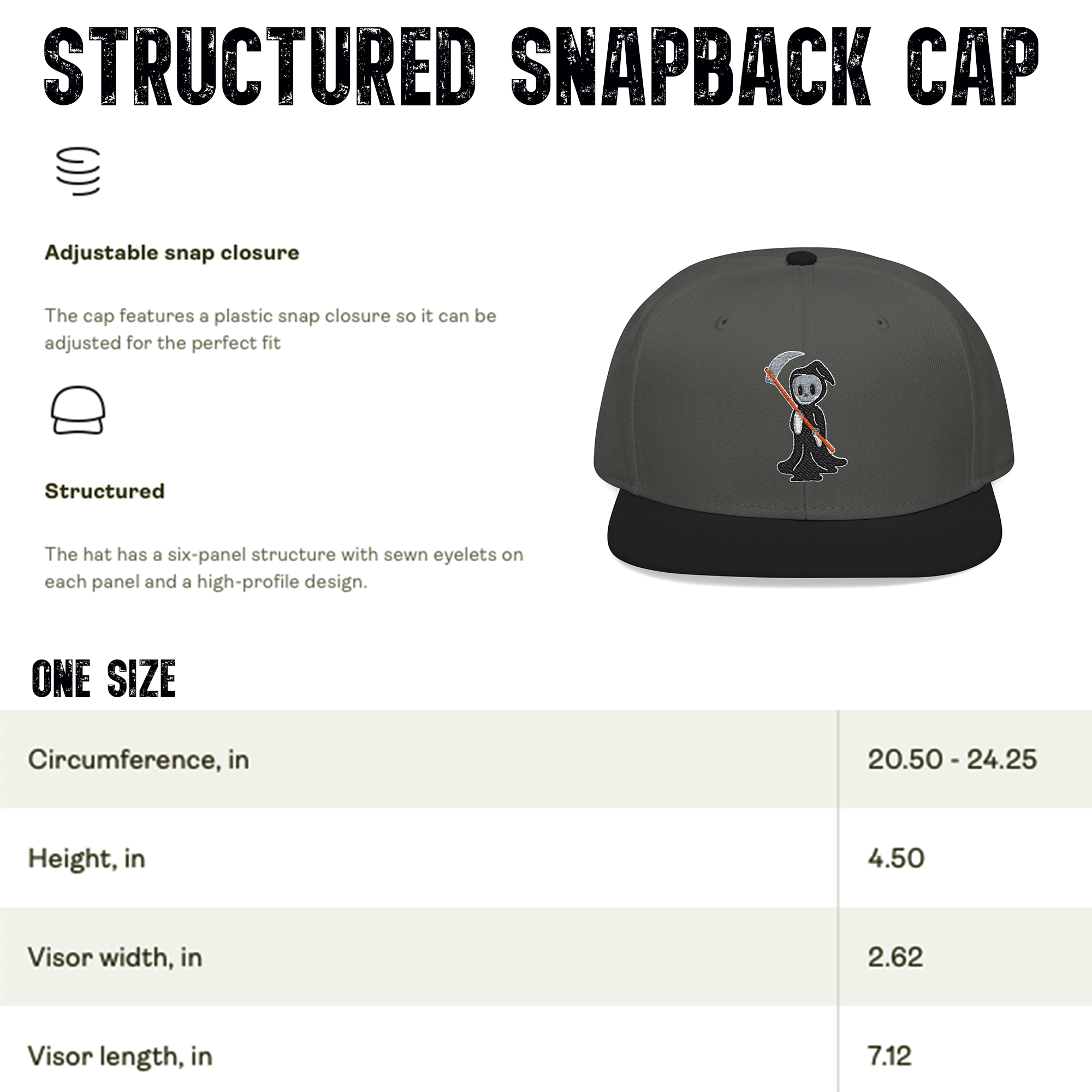 Embroidered Halloween Grim Reaper Snapback Hat