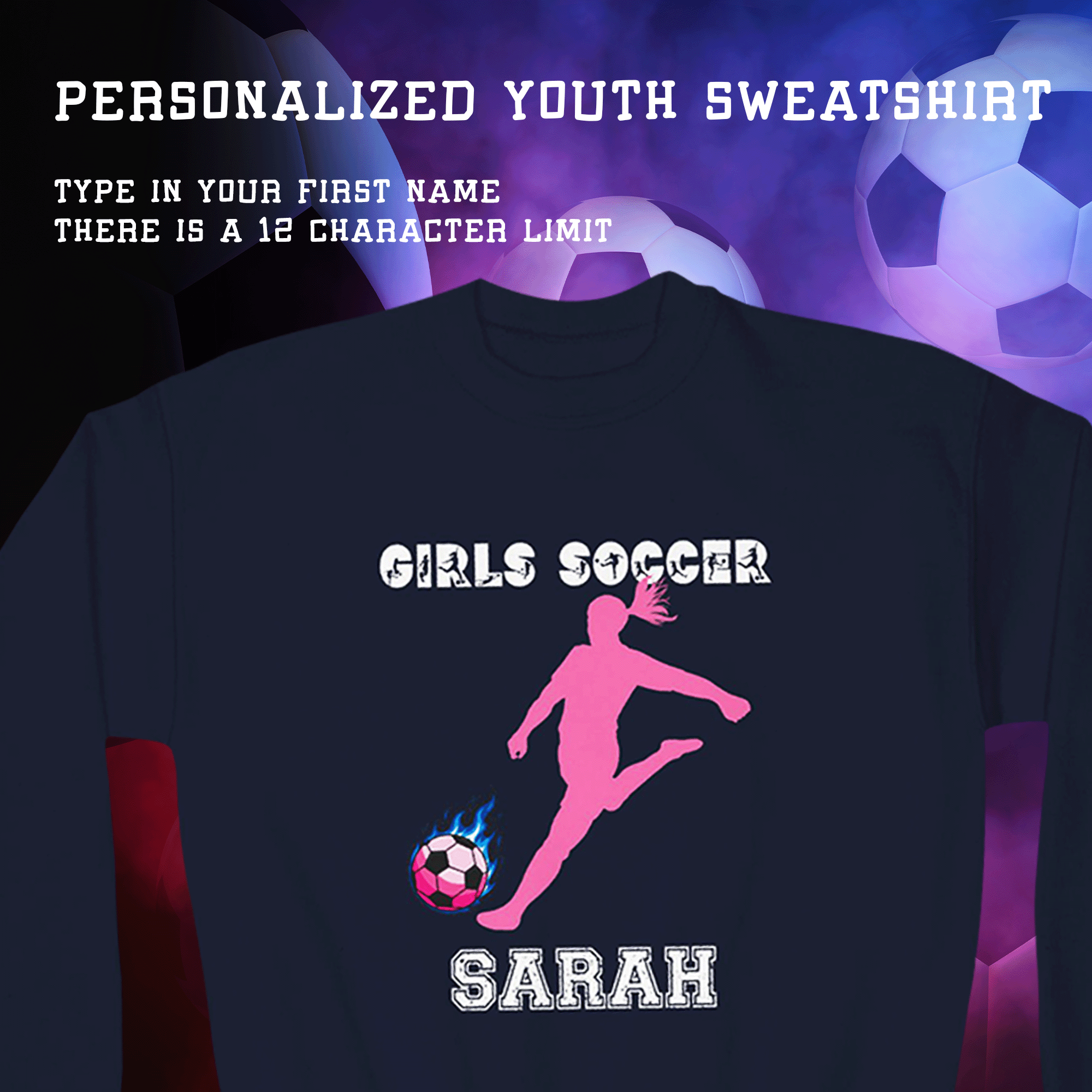 Girls Personalized Soccer Pink Silhouette Youth Crewneck Sweatshirt
