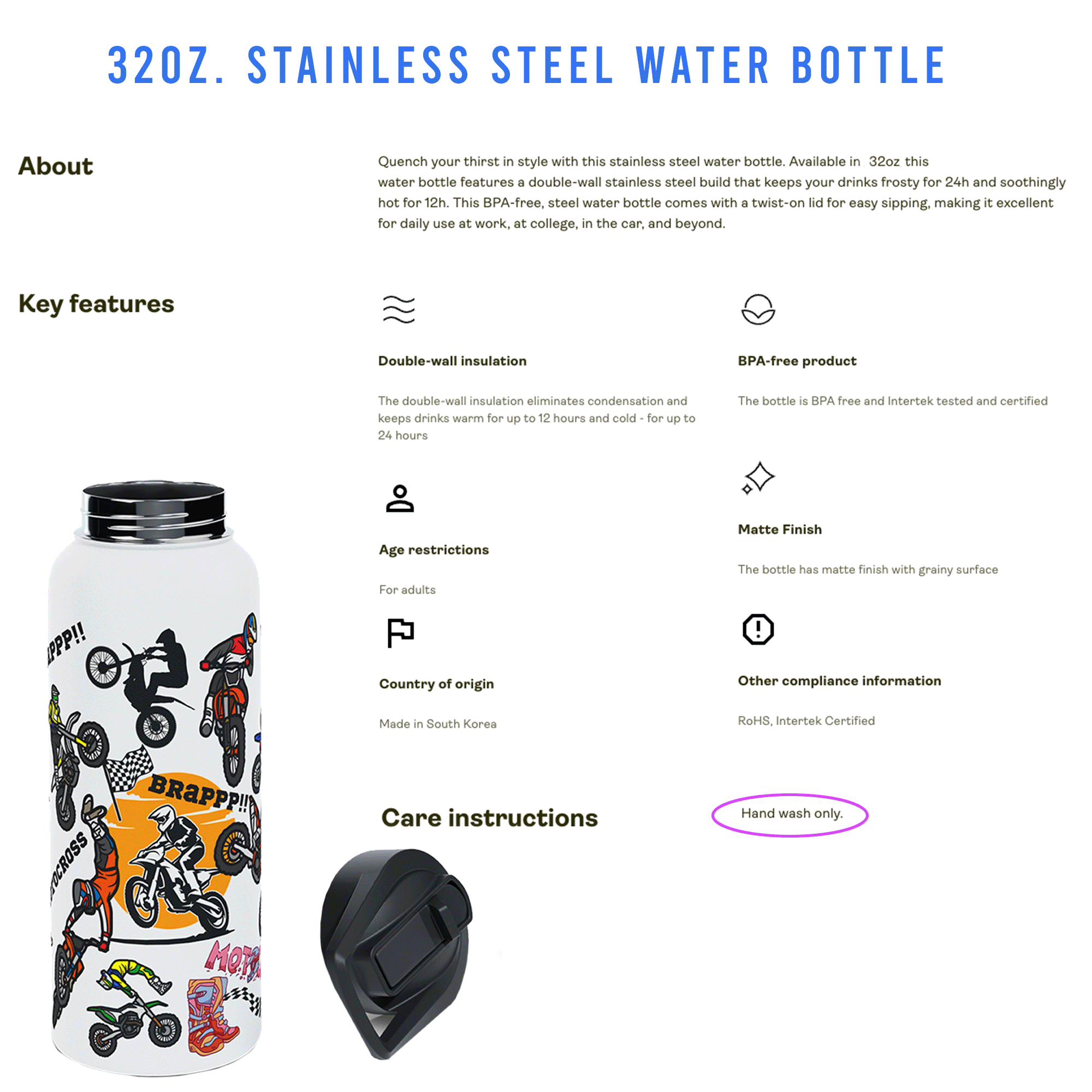 Motocross 32oz Stainless Steel Sports Bottle