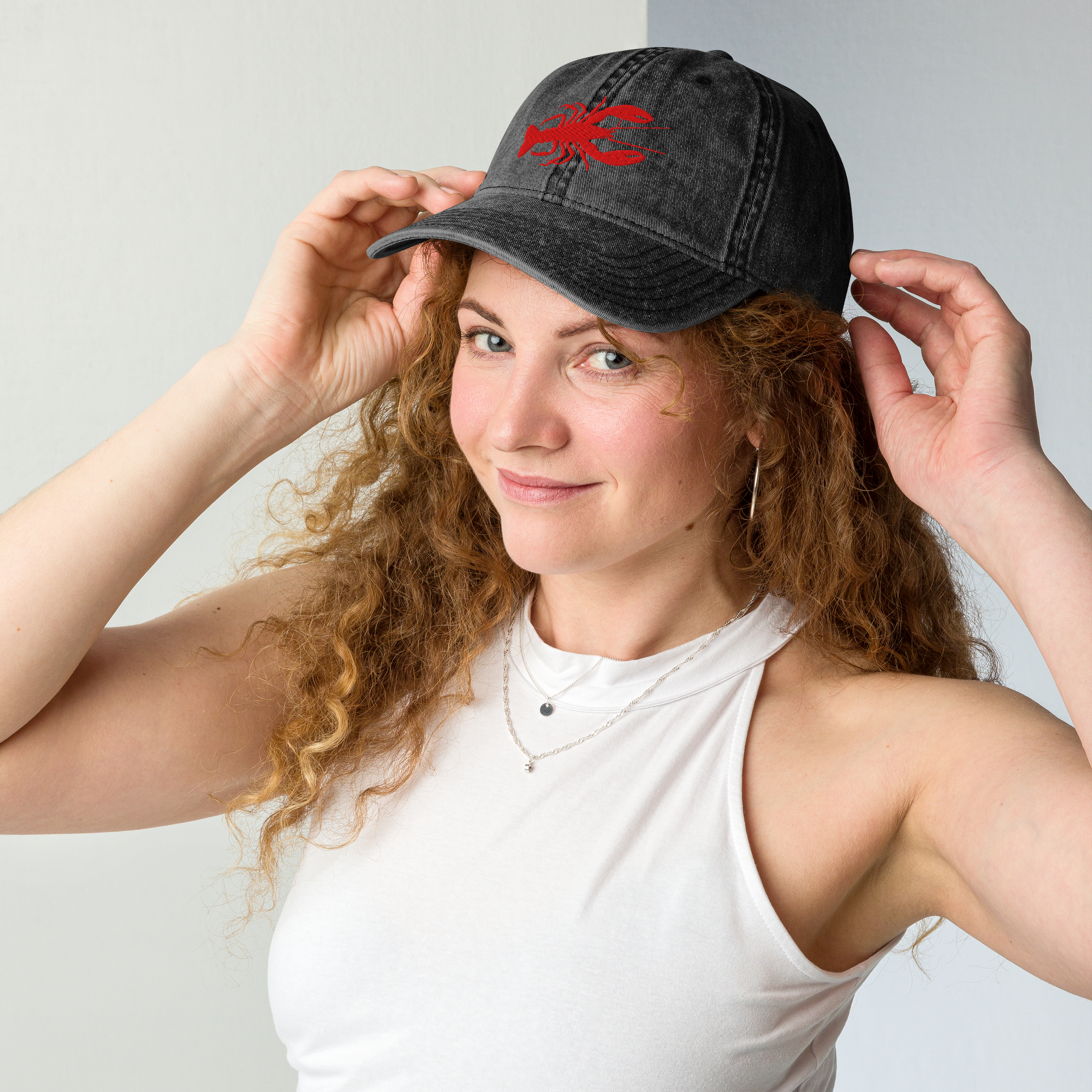 Embroidered Red Lobster Vintage Cotton Twill Cap