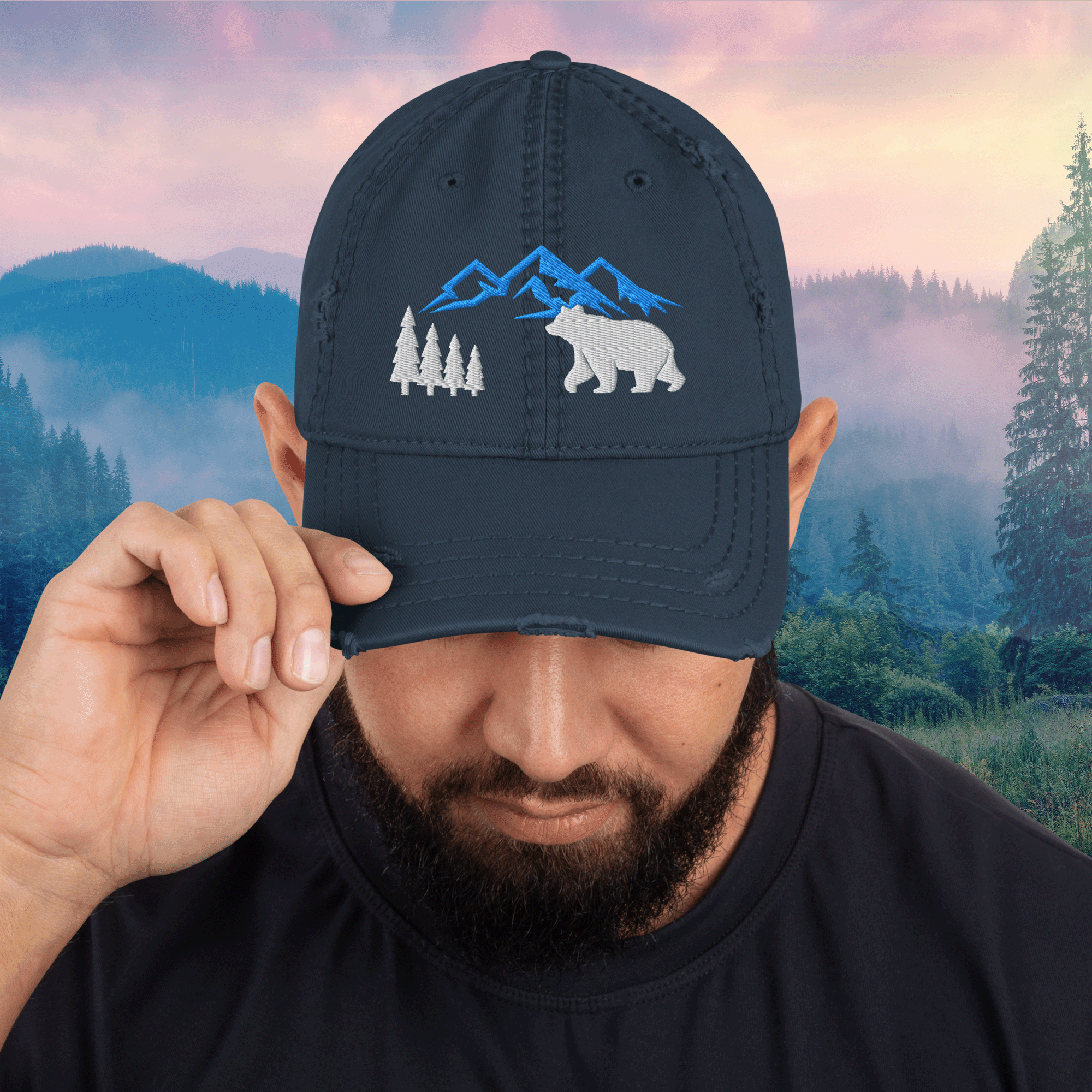 Embroidered Mountain Bear Distressed Dad Hat