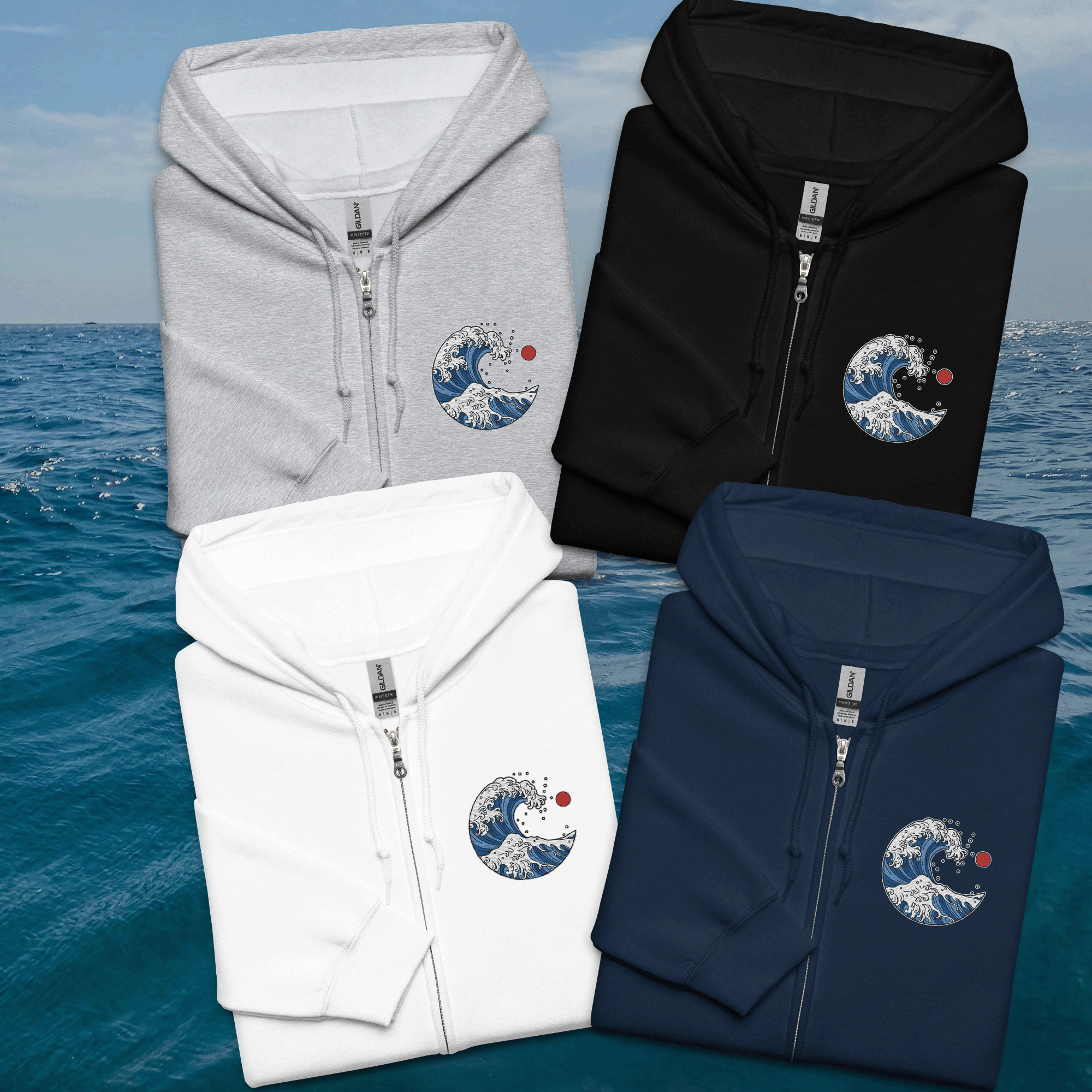 Japanese-Style Ocean Wave Zip Up Hoodie