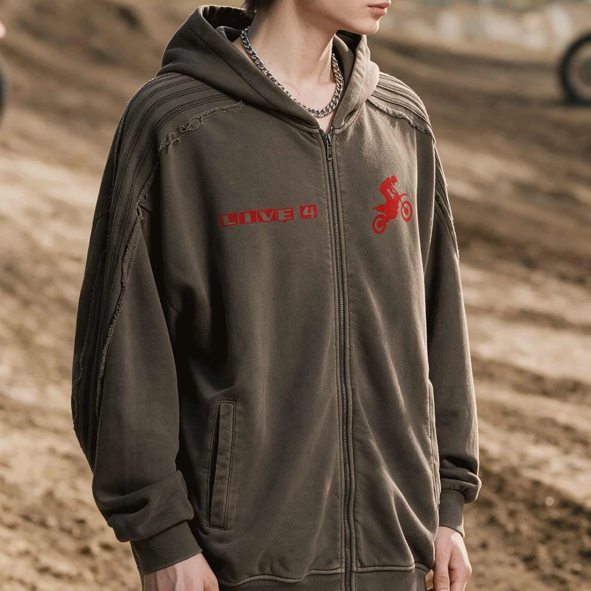 Live 4 Motocross Snow Washed Raw Edge Shoulder Stripes Zip Up Hoodie