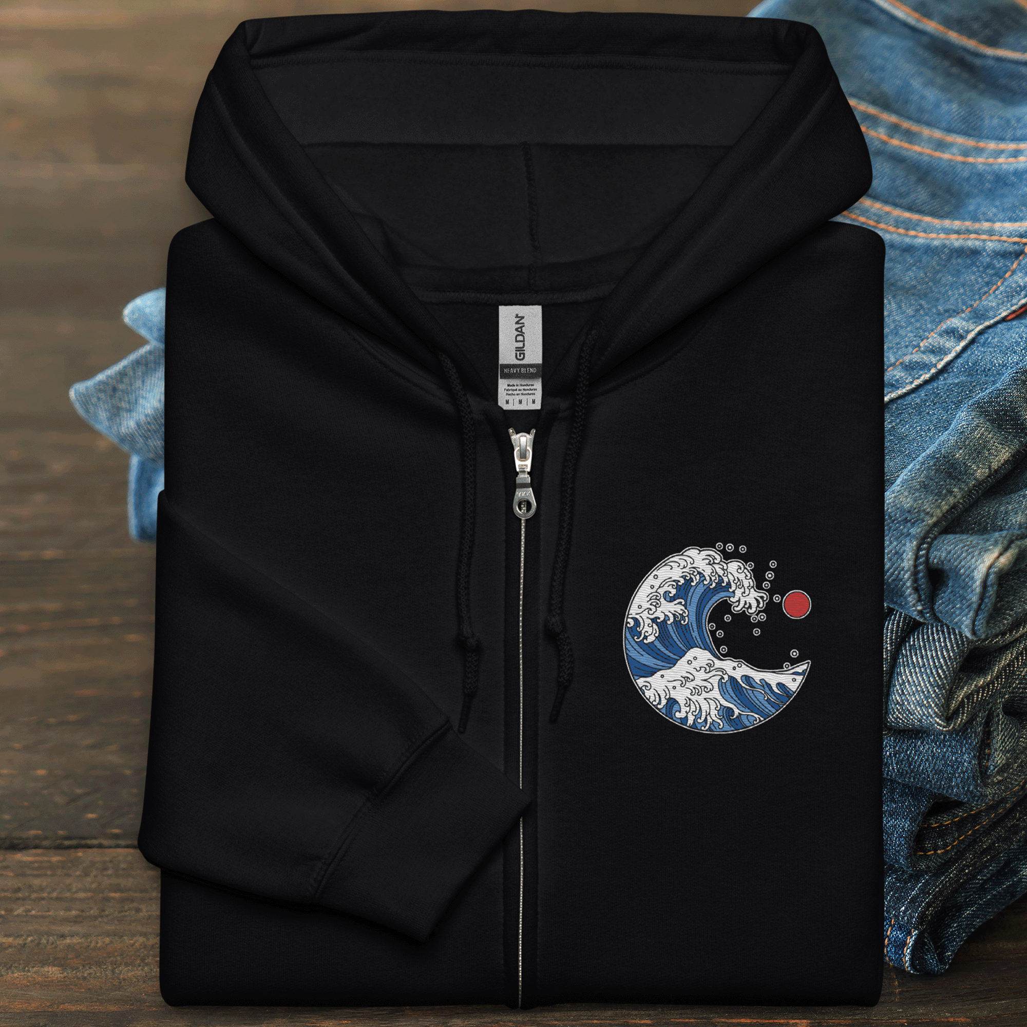 Japanese-Style Ocean Wave Zip Up Hoodie