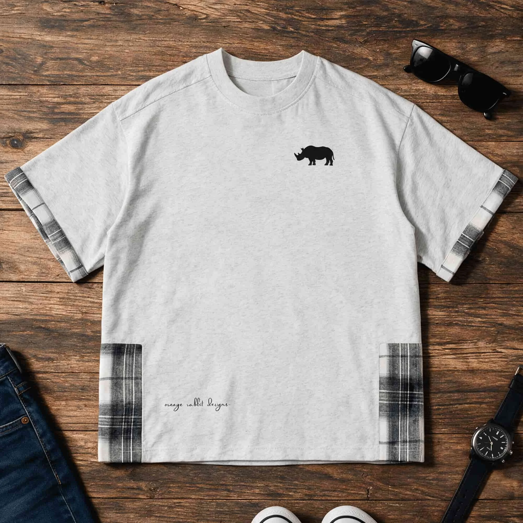 Rhino Unisex Plaid Paneled Orange Rabbit T-Shirt