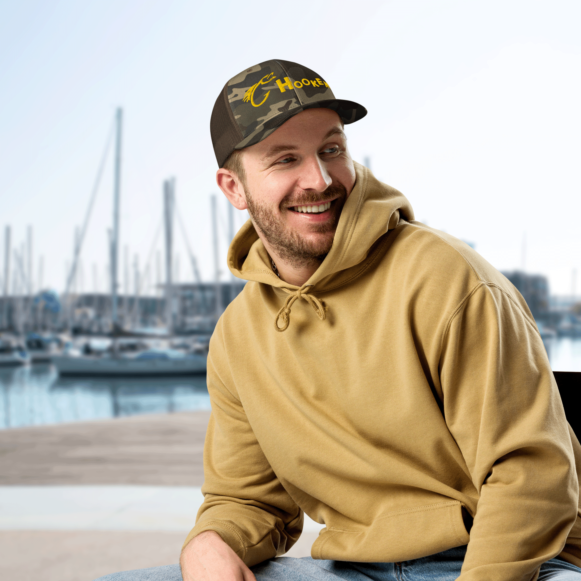 Embroidered Hookem Fishing Camouflage Trucker Hat