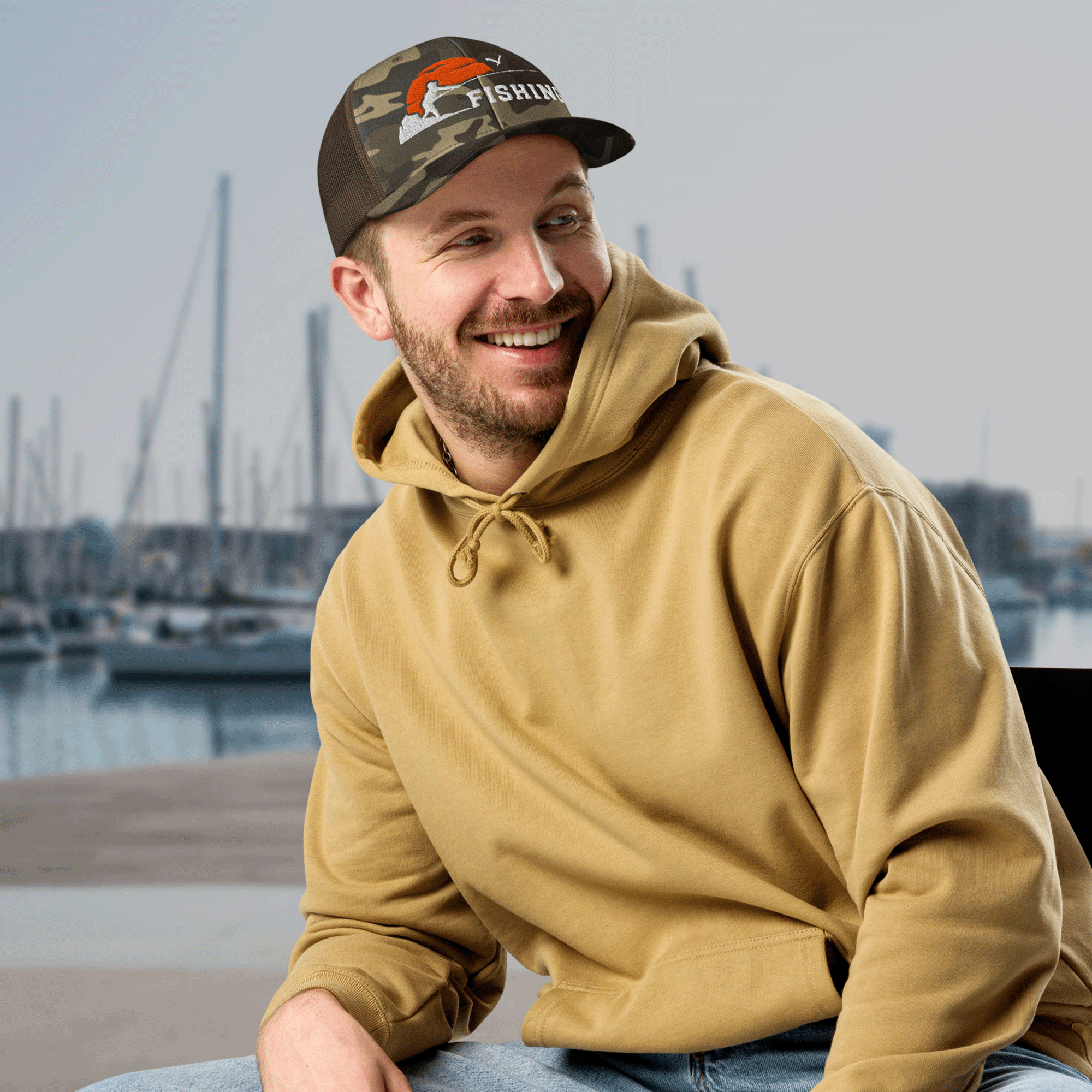 Embroidered Sunset Fishing Camouflage Trucker Hat