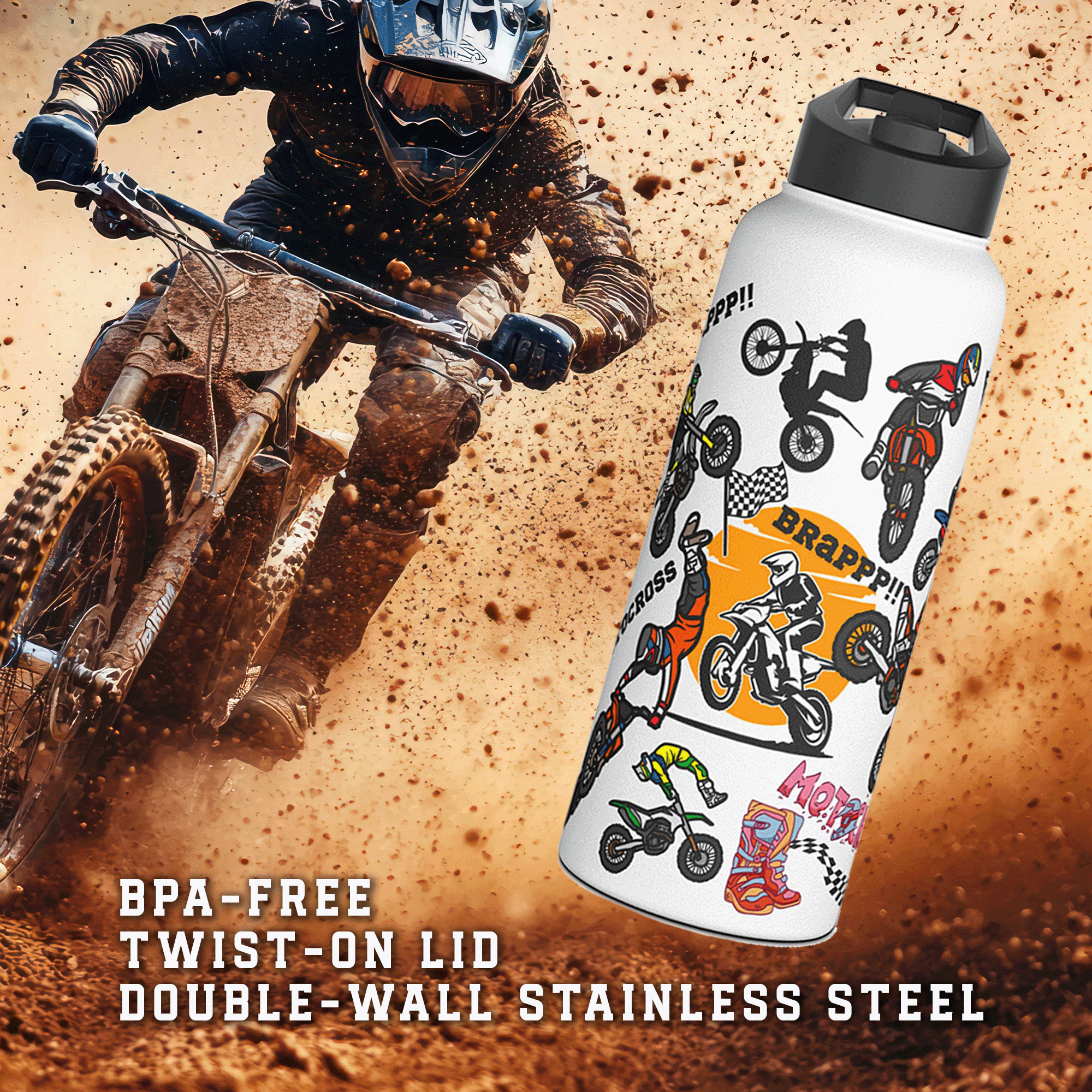 Motocross 32oz Stainless Steel Sports Bottle