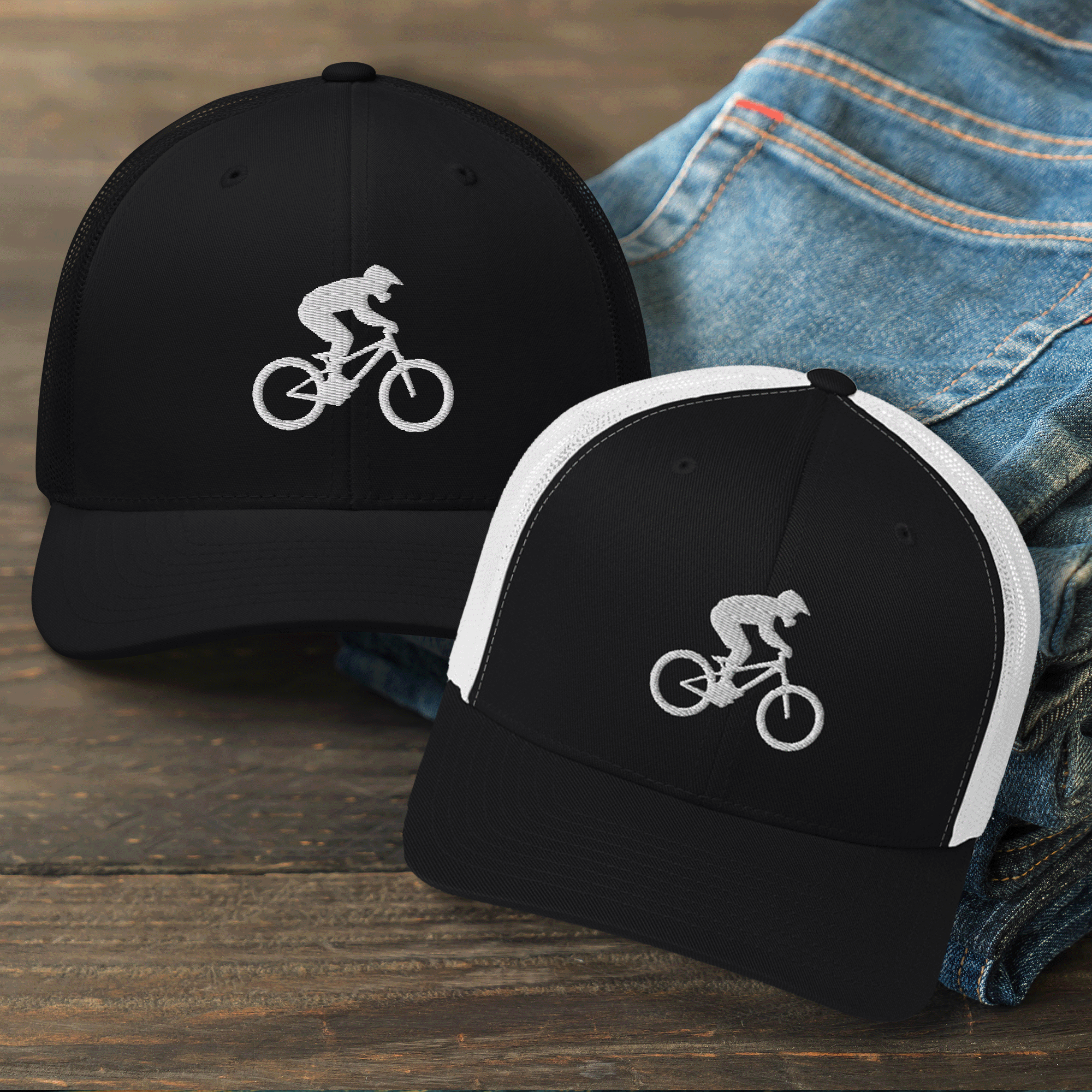 Embroidered Mountain Biker Retro Trucker Cap