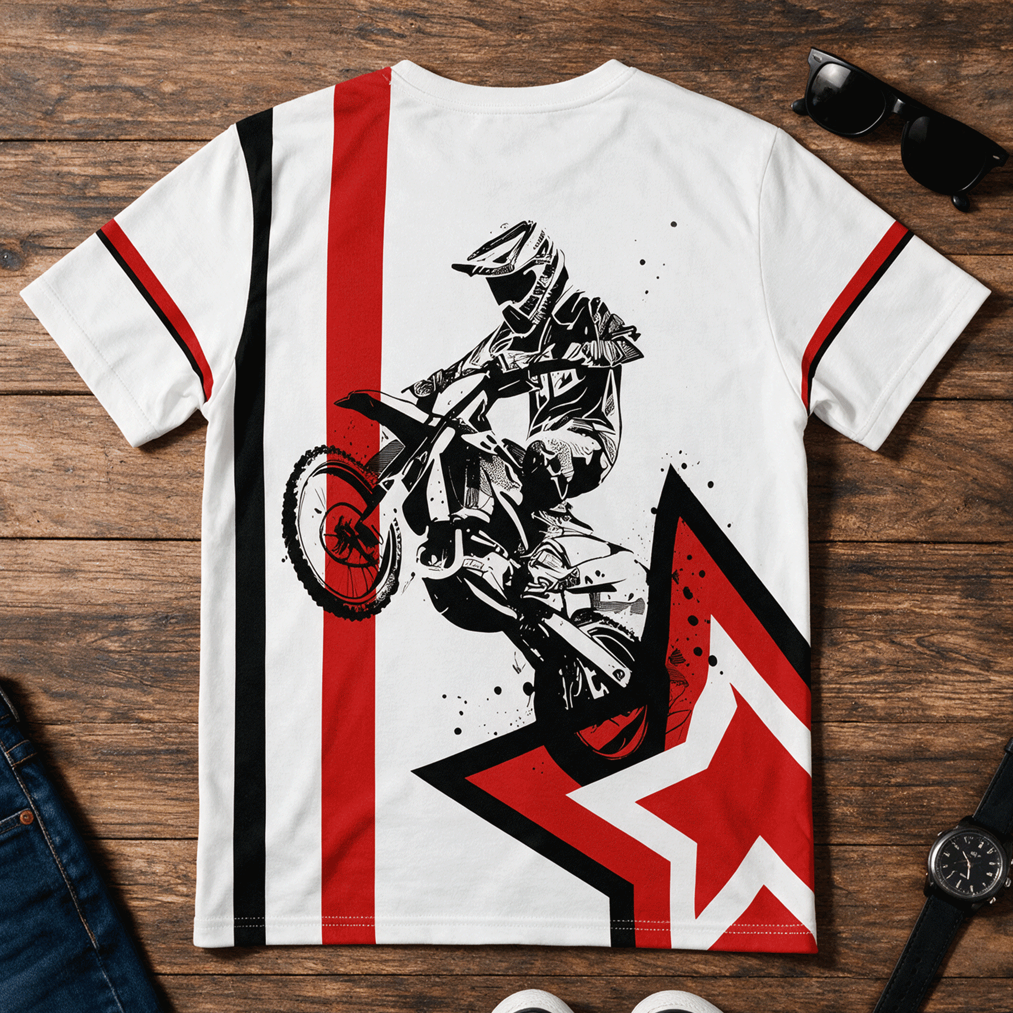Motocross Red Star Stripes Streetwear Tee
